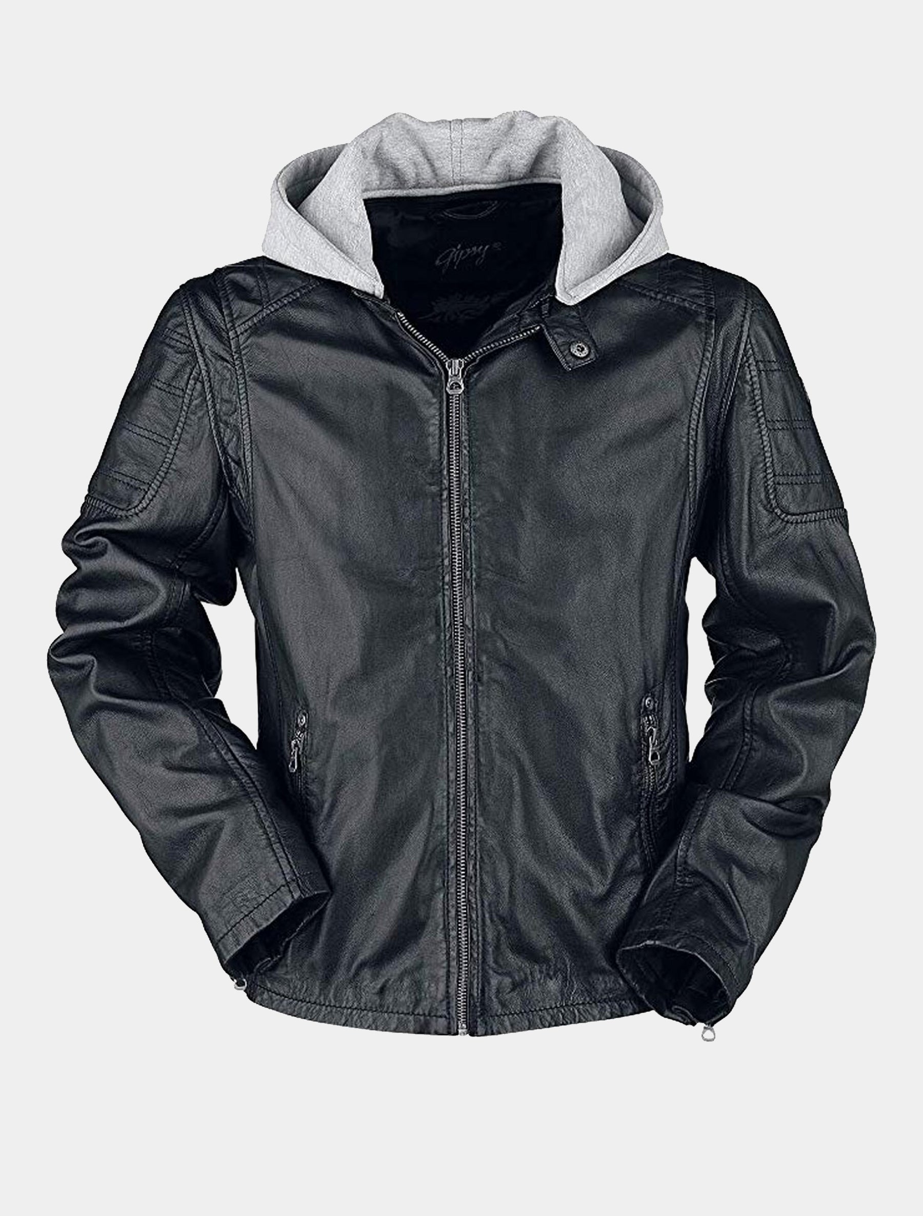 Herren Biker Lederjacke mit Stehkragen und grauer Kapuze - Rylo LAKEV in schwarz