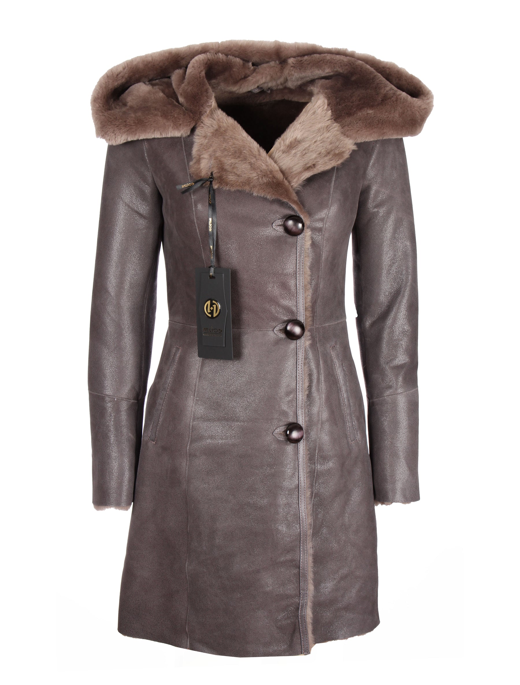 Damen Lammfellmantel mit Knopfleiste und Kapuze - Yara