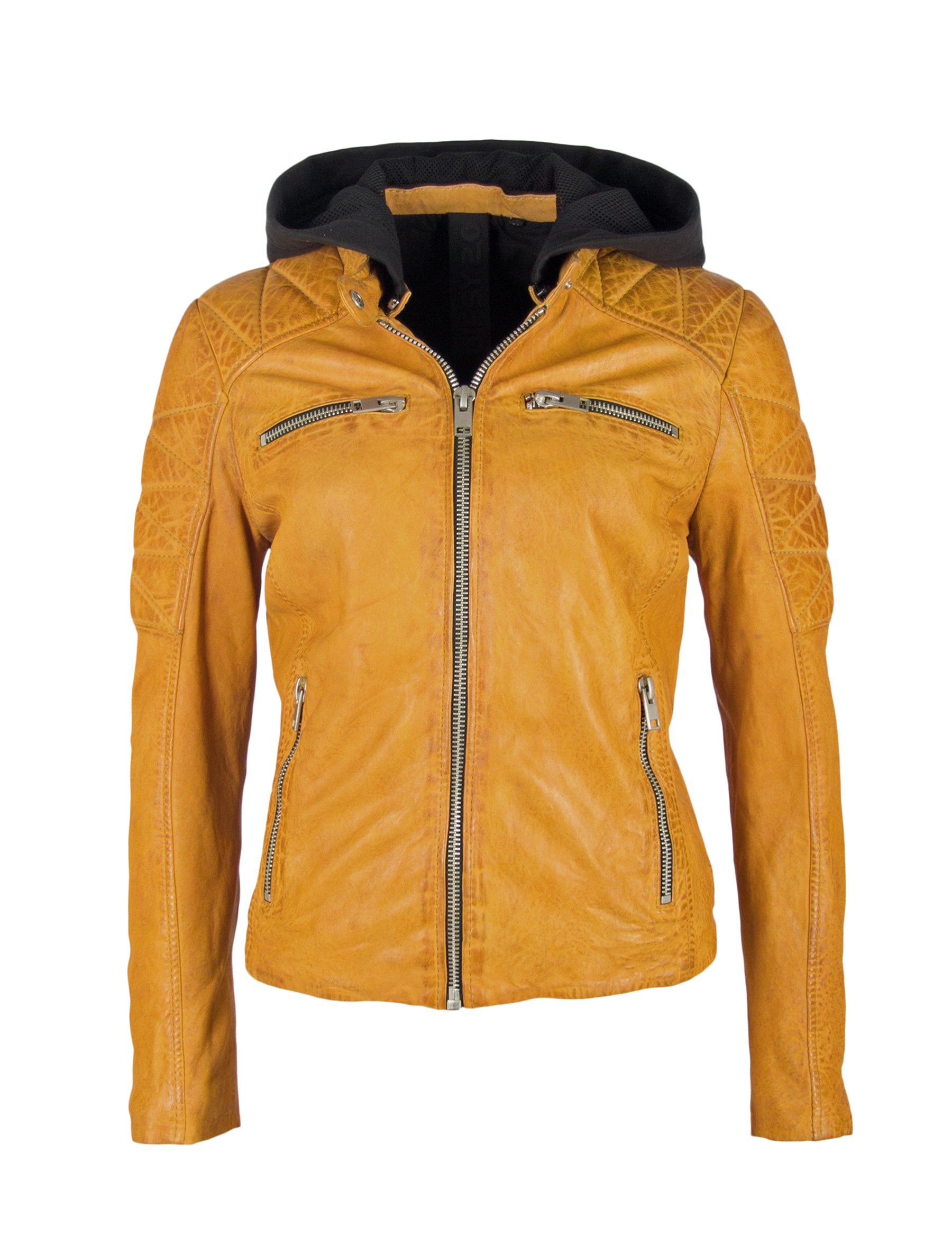 Slim Fit Damen Bikerjacke mit abnehmbarer Kapuze und Brusttaschen - Hima in gelb