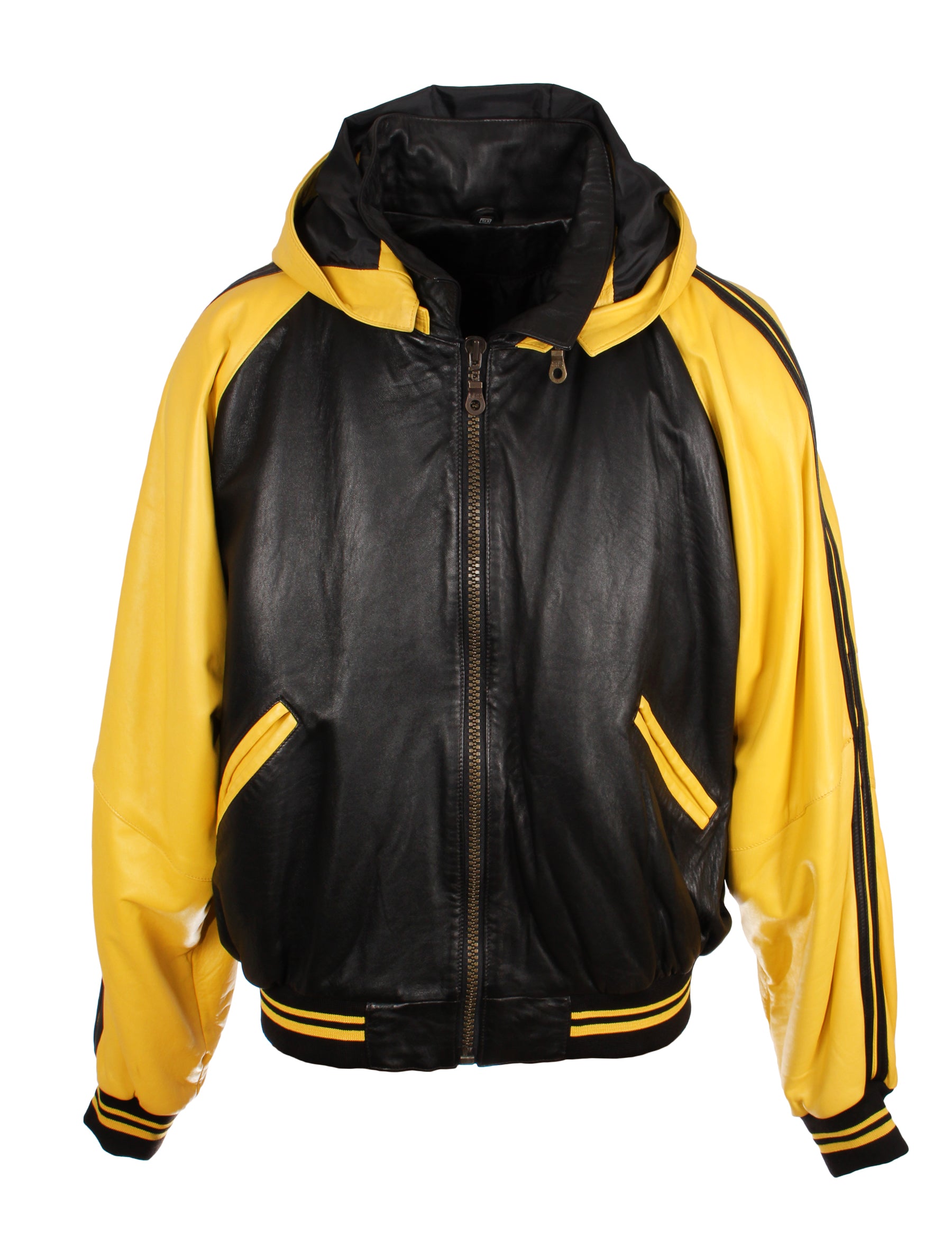 90s retro Lederjacke mit Kapuze Le Boz in gelb/schwarz | XXL