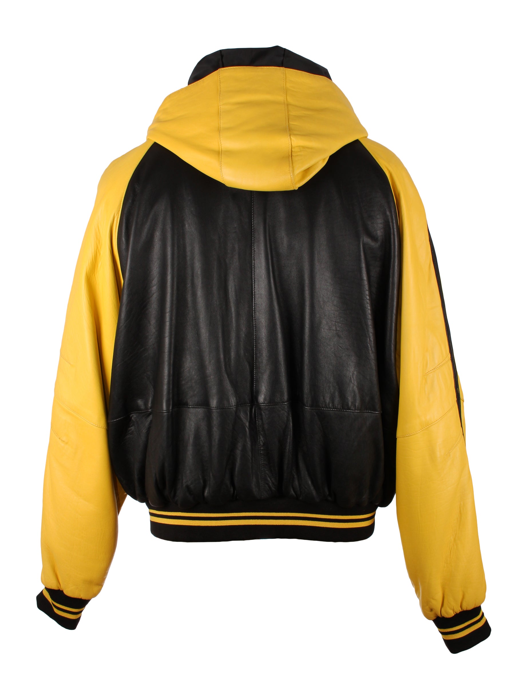 90s retro Lederjacke mit Kapuze Le Boz in gelb/schwarz | XXL