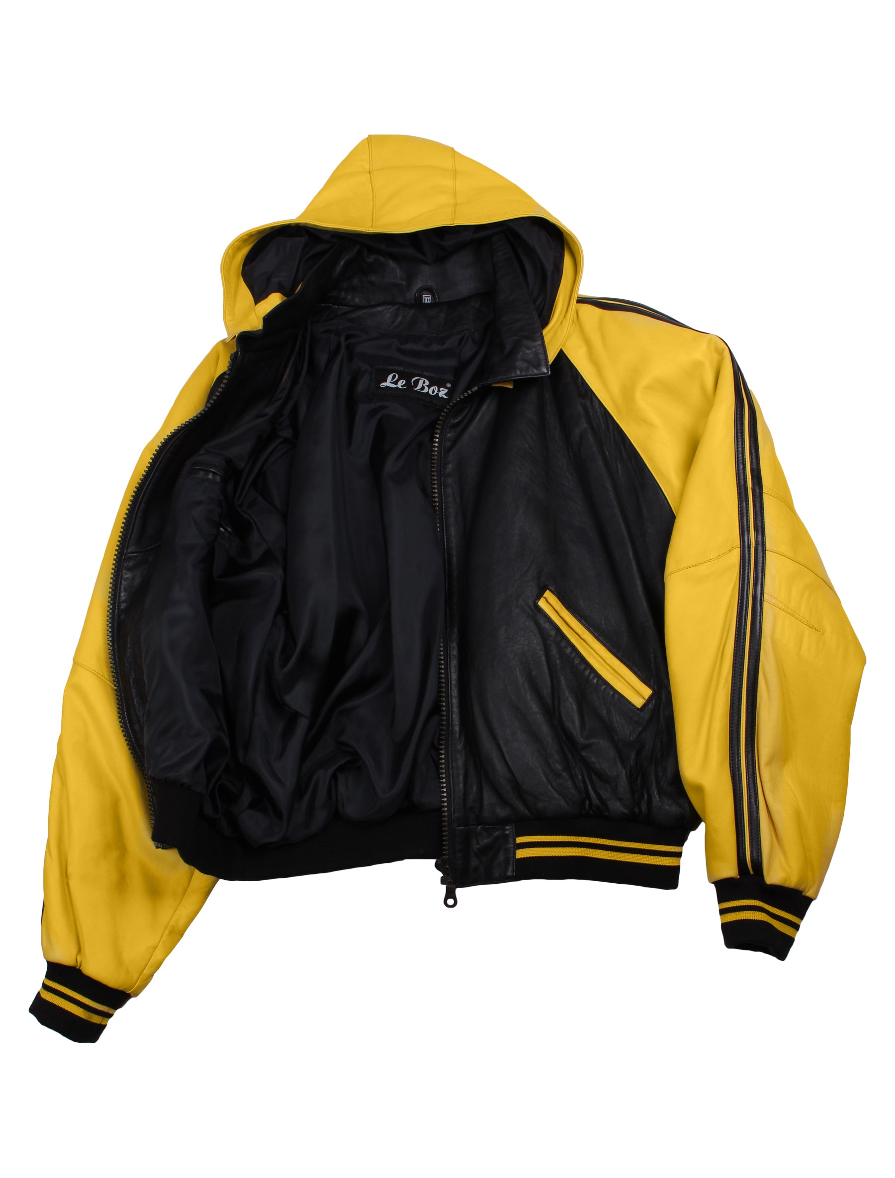 90s retro Lederjacke mit Kapuze Le Boz in gelb/schwarz | XXL