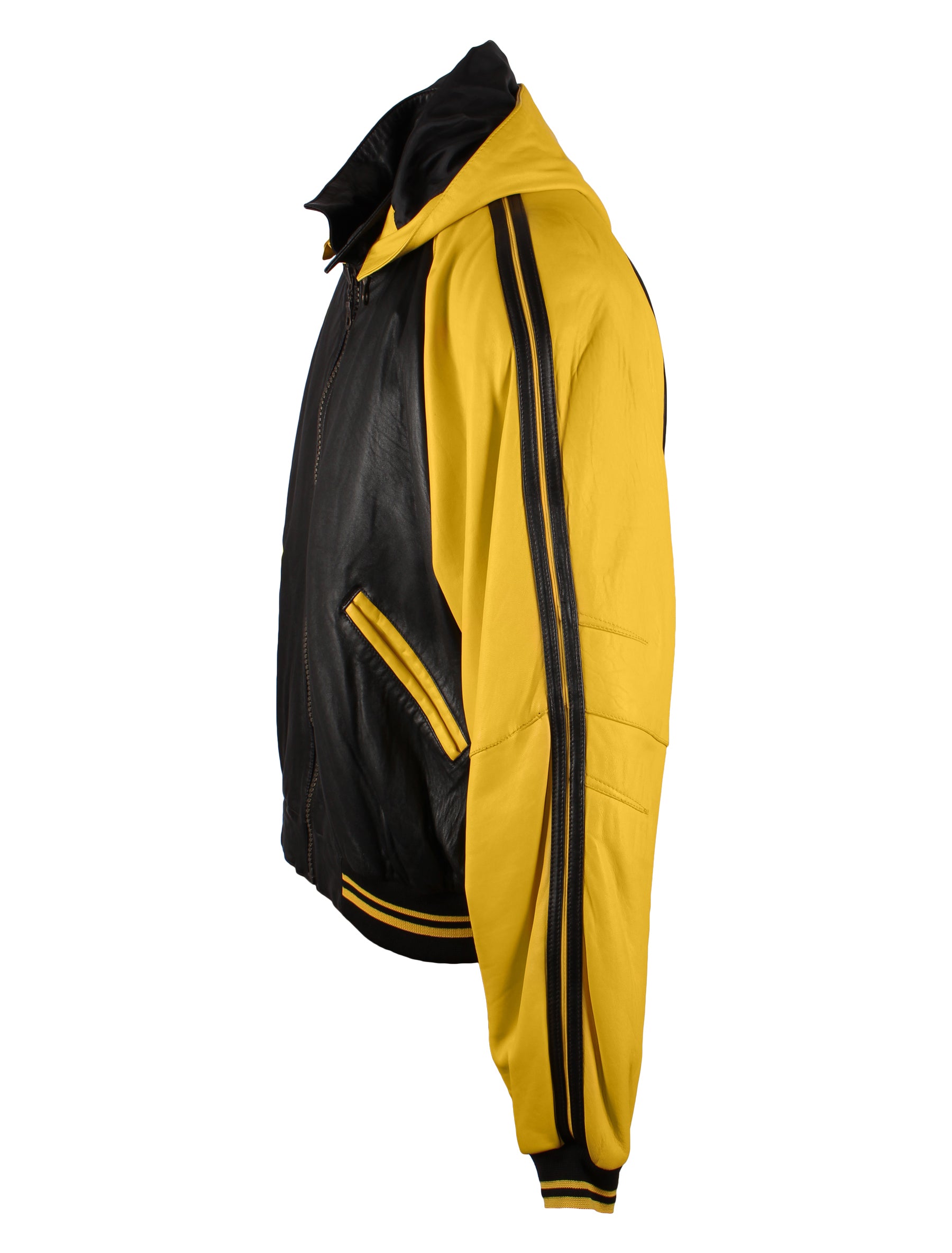 90s retro Lederjacke mit Kapuze Le Boz in gelb/schwarz | XXL