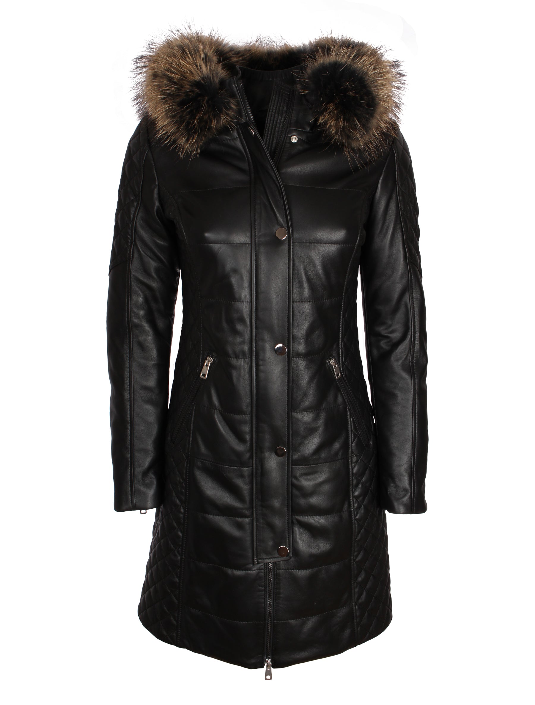 Damen Ledermantel mit abnehmbarer Echtfell Kapuze - Lara in schwarz