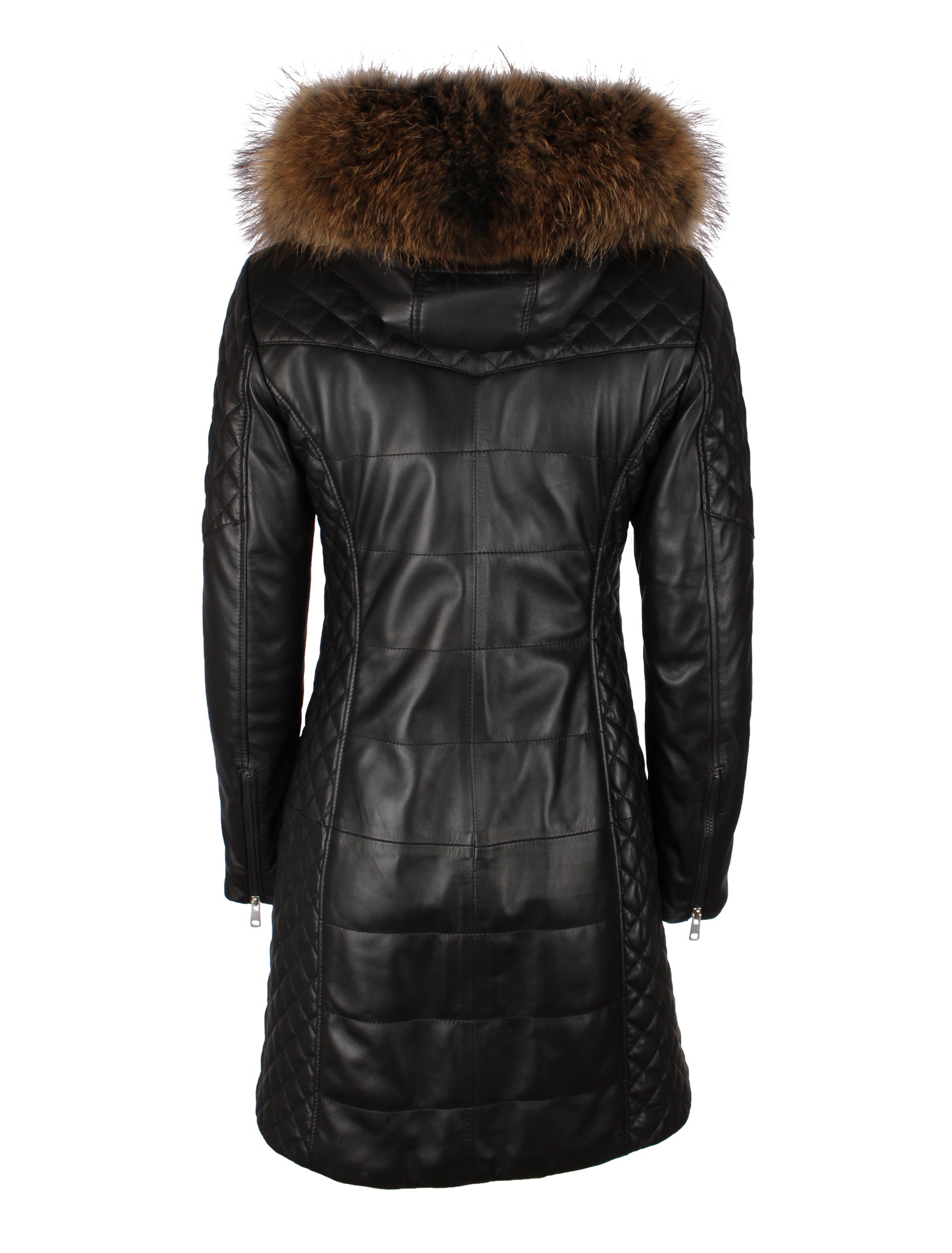 Damen Ledermantel mit abnehmbarer Echtfell Kapuze - Lara in schwarz