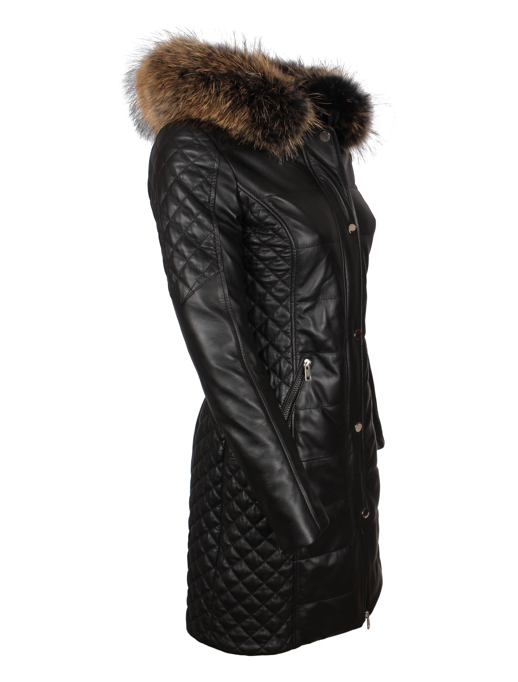 Damen Ledermantel mit abnehmbarer Echtfell Kapuze - Lara in schwarz