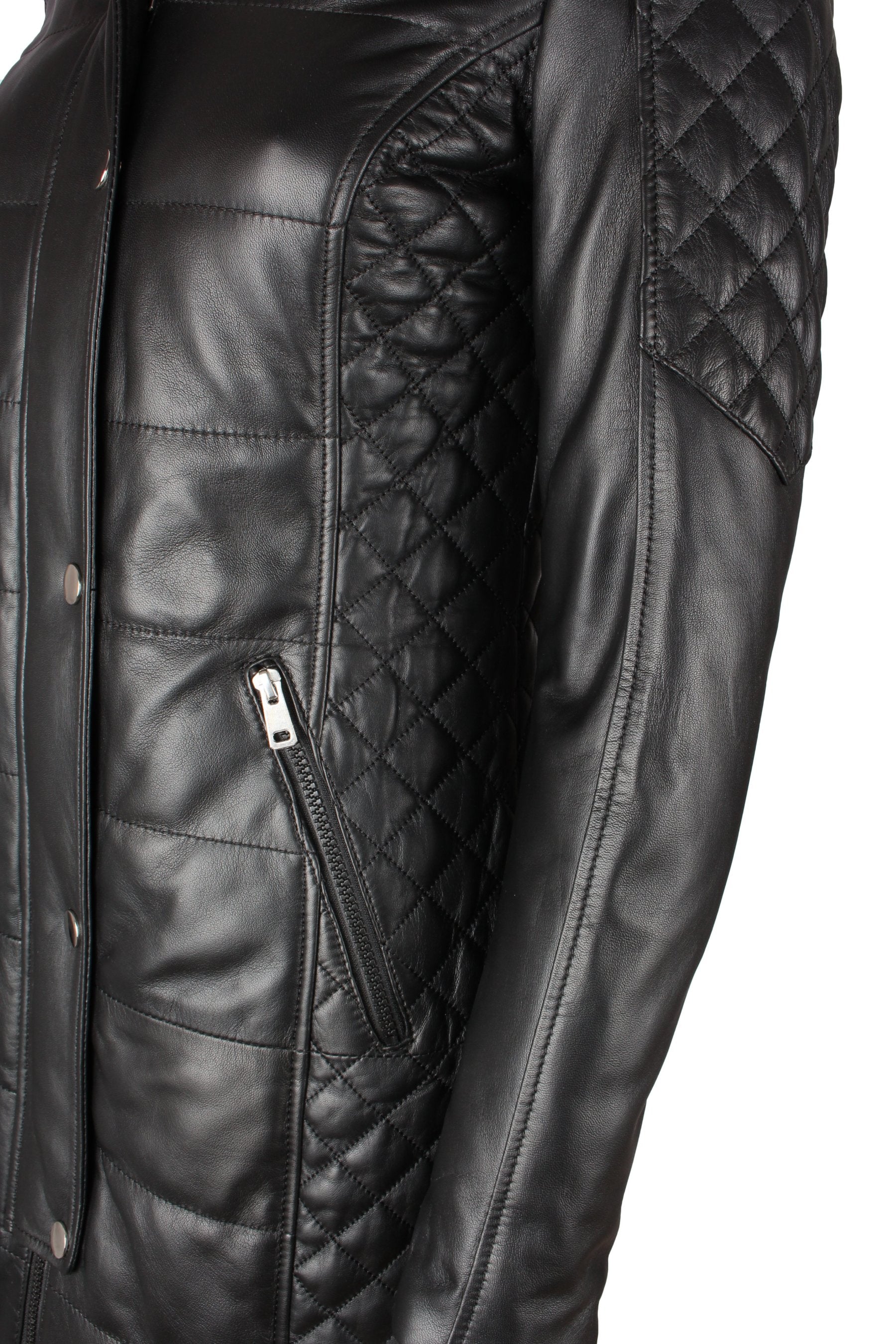 Damen Ledermantel mit abnehmbarer Echtfell Kapuze - Lara in schwarz