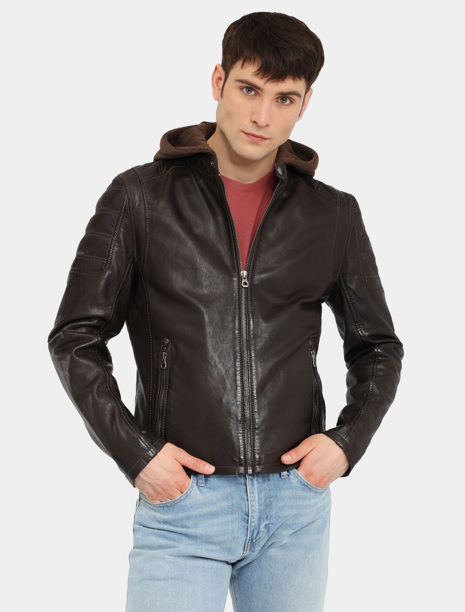 Herren Biker Lederjacke mit Stehkragen und grau brauner Kapuze - Rylo LAKEV in dunkelbraun