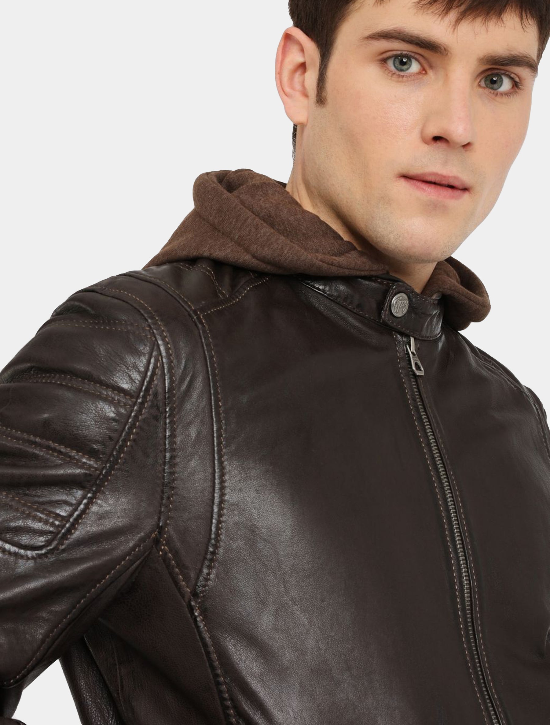 Herren Biker Lederjacke mit Stehkragen und grau brauner Kapuze - Rylo LAKEV in dunkelbraun