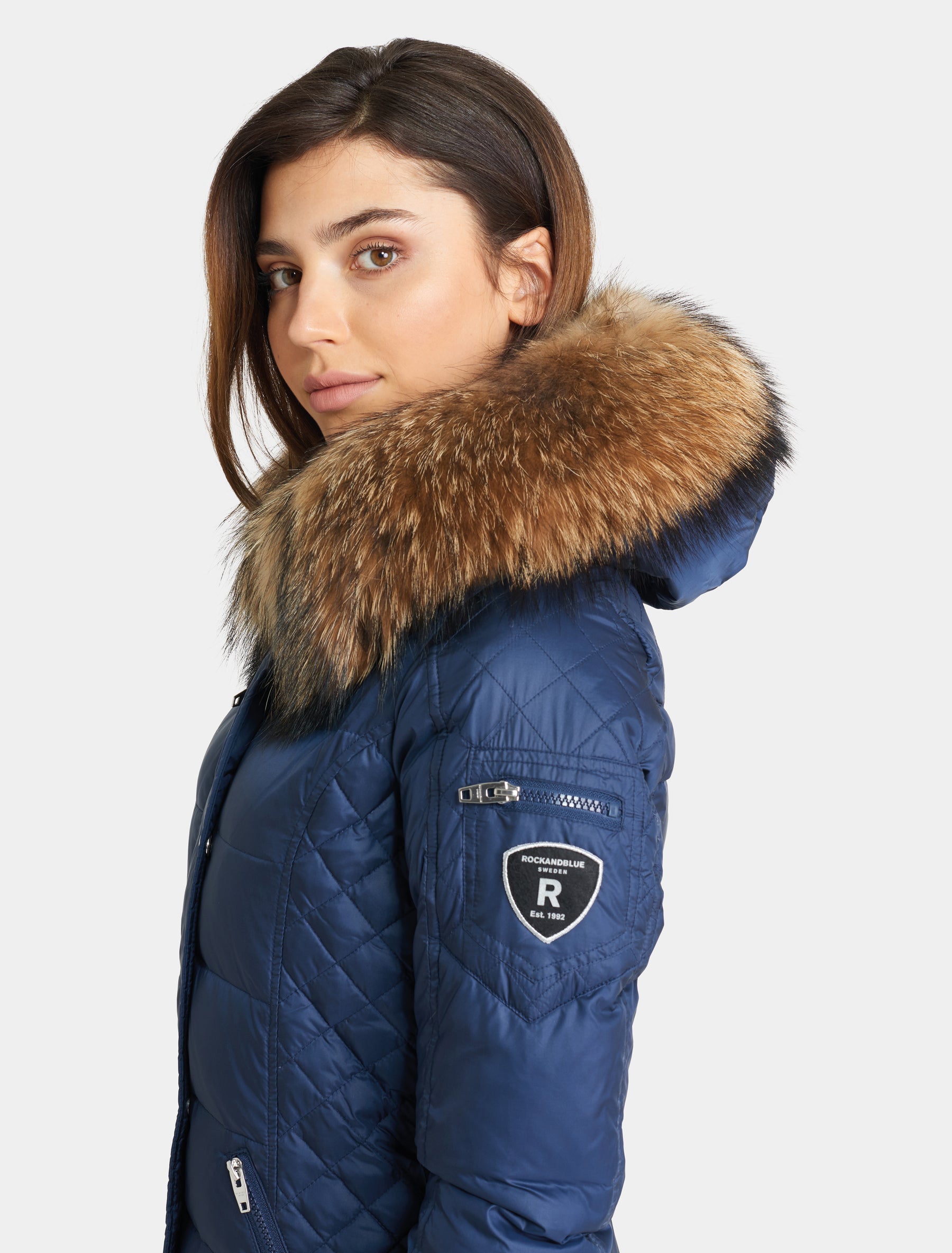 Damen Daunenmantel mit abnehmbarer Echtfell Kapuze - Beam in midnight/natural