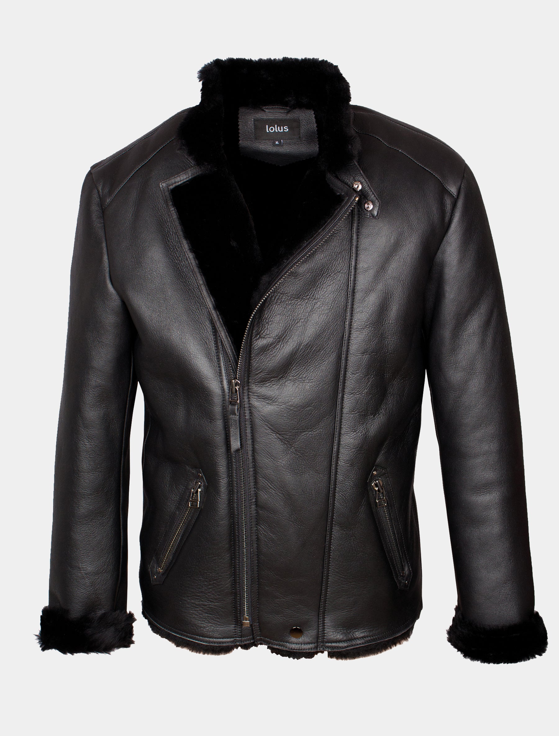 Hochwertige Herren Lammfelljacke mit Stehkragen - Blackraw in schwarz