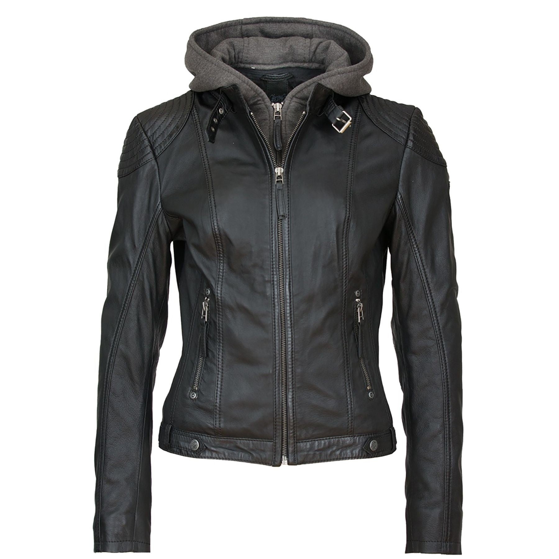 Damen Leder Bikerjacke mit abnehmbarer Kapuze - Gipsy Cacey in schwarz