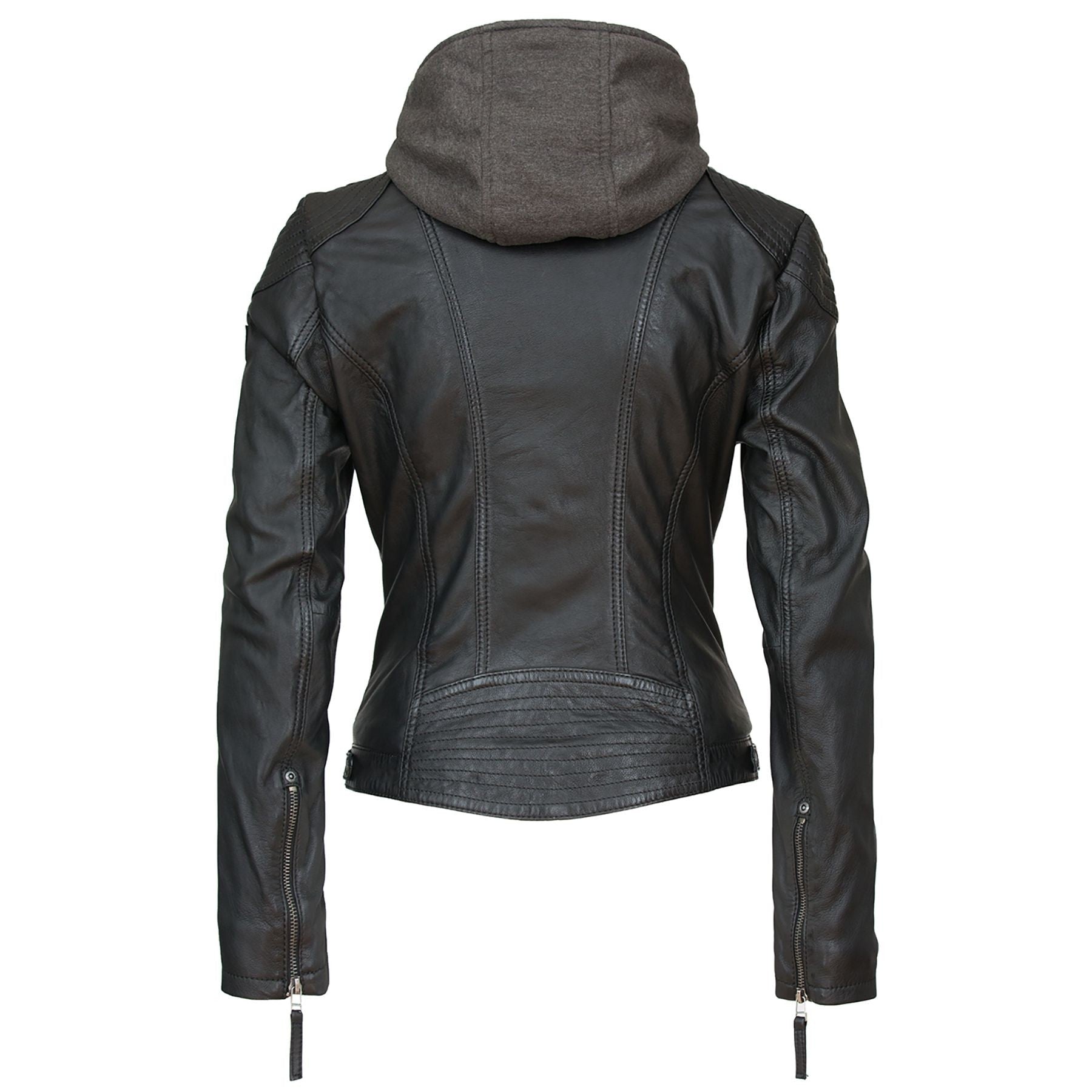 Damen Leder Bikerjacke mit abnehmbarer Kapuze - Gipsy Cacey in schwarz