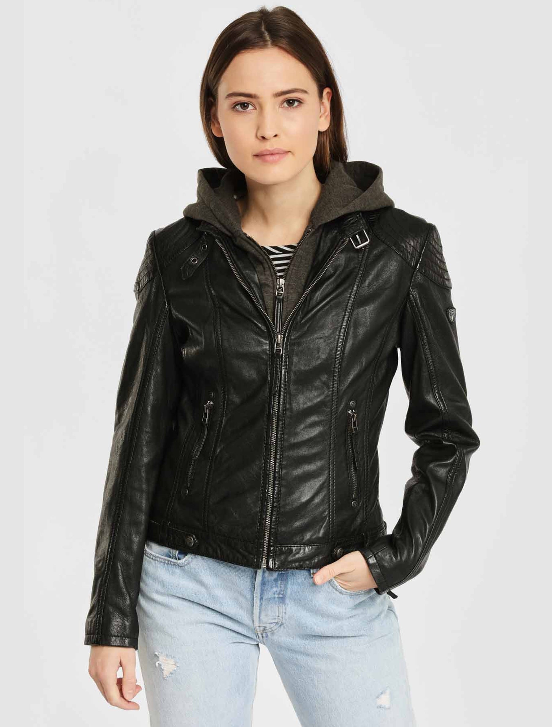 Damen Leder Bikerjacke mit abnehmbarer Kapuze - Gipsy Cacey in schwarz