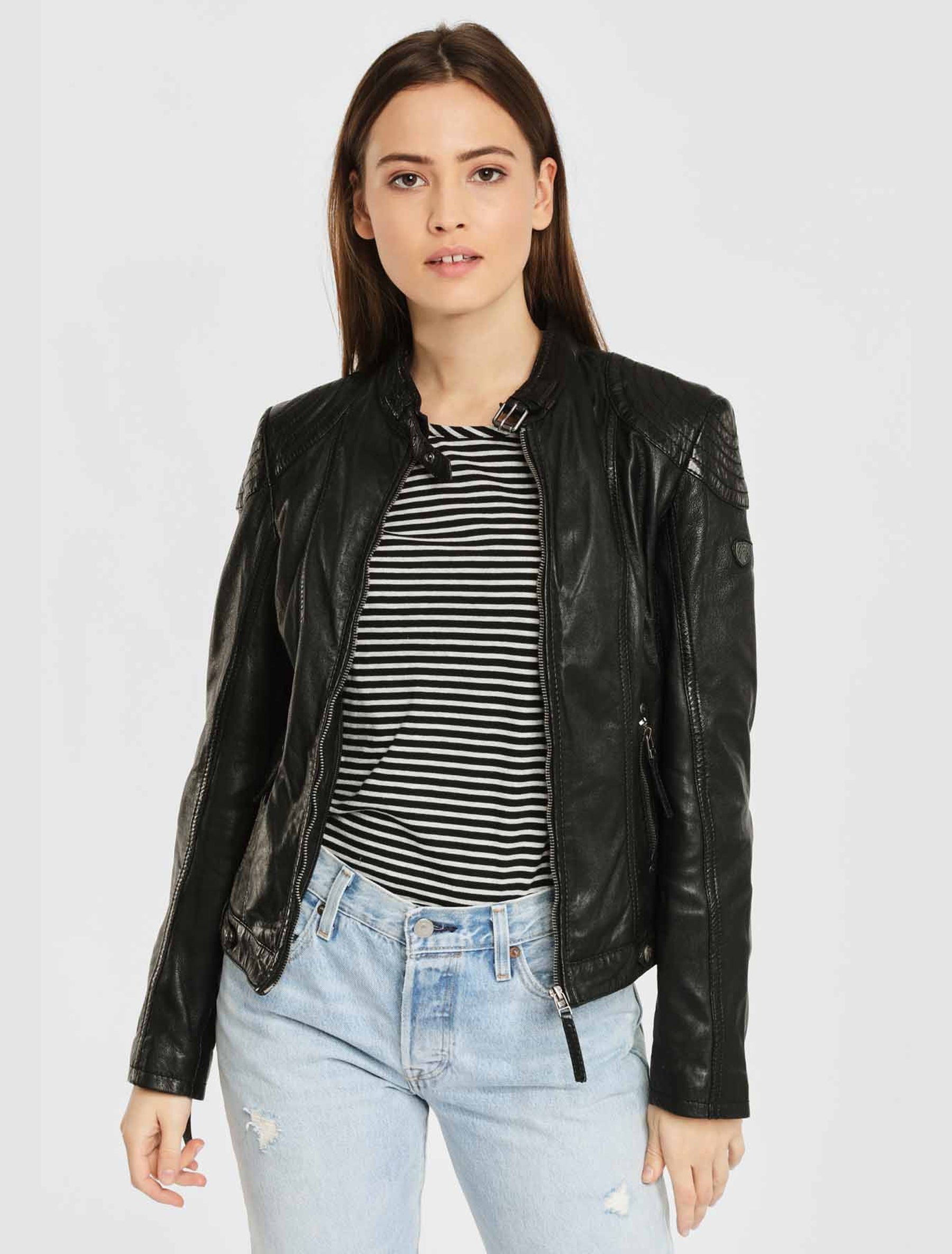 Damen Leder Bikerjacke mit abnehmbarer Kapuze - Gipsy Cacey in schwarz