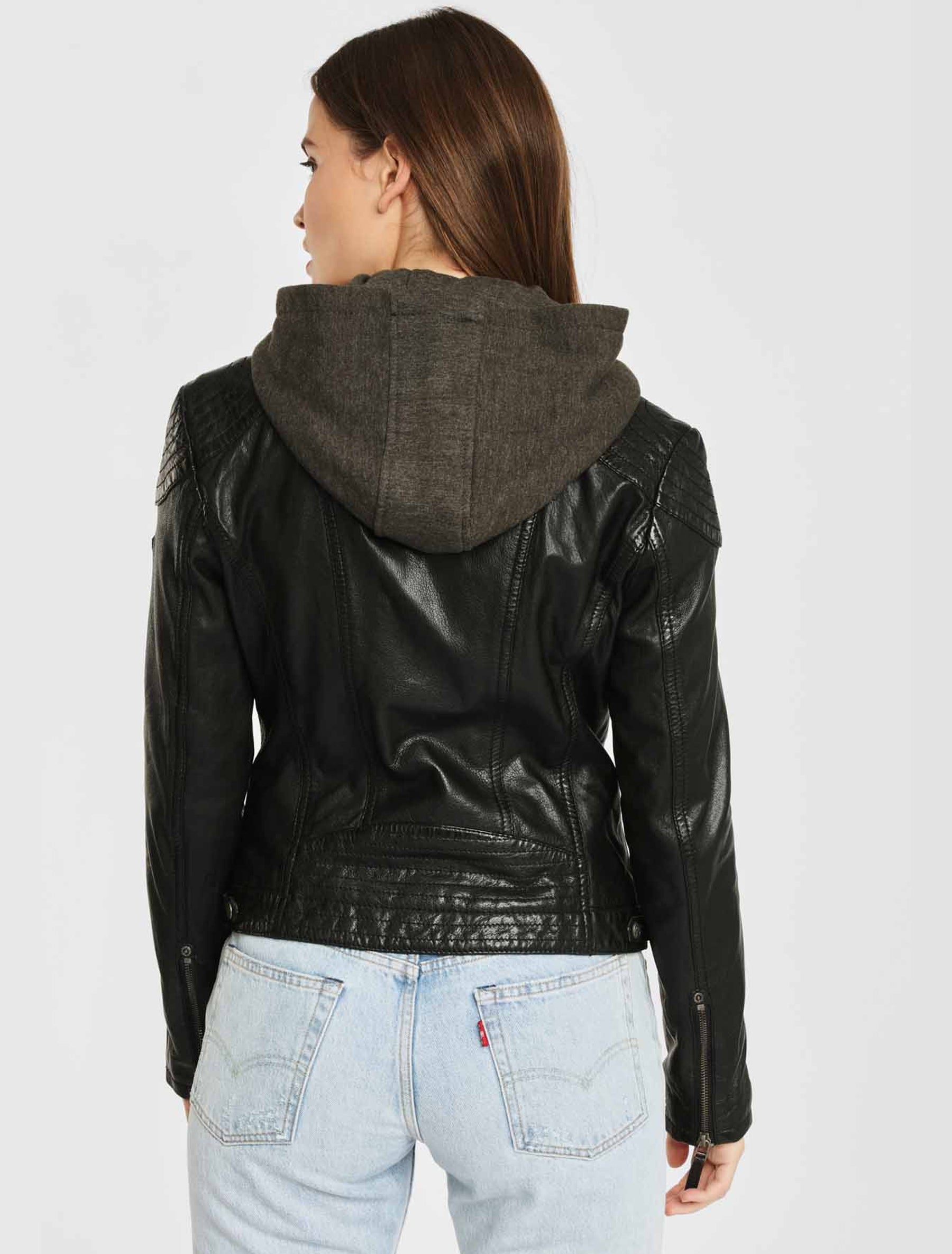 Damen Leder Bikerjacke mit abnehmbarer Kapuze - Gipsy Cacey in schwarz