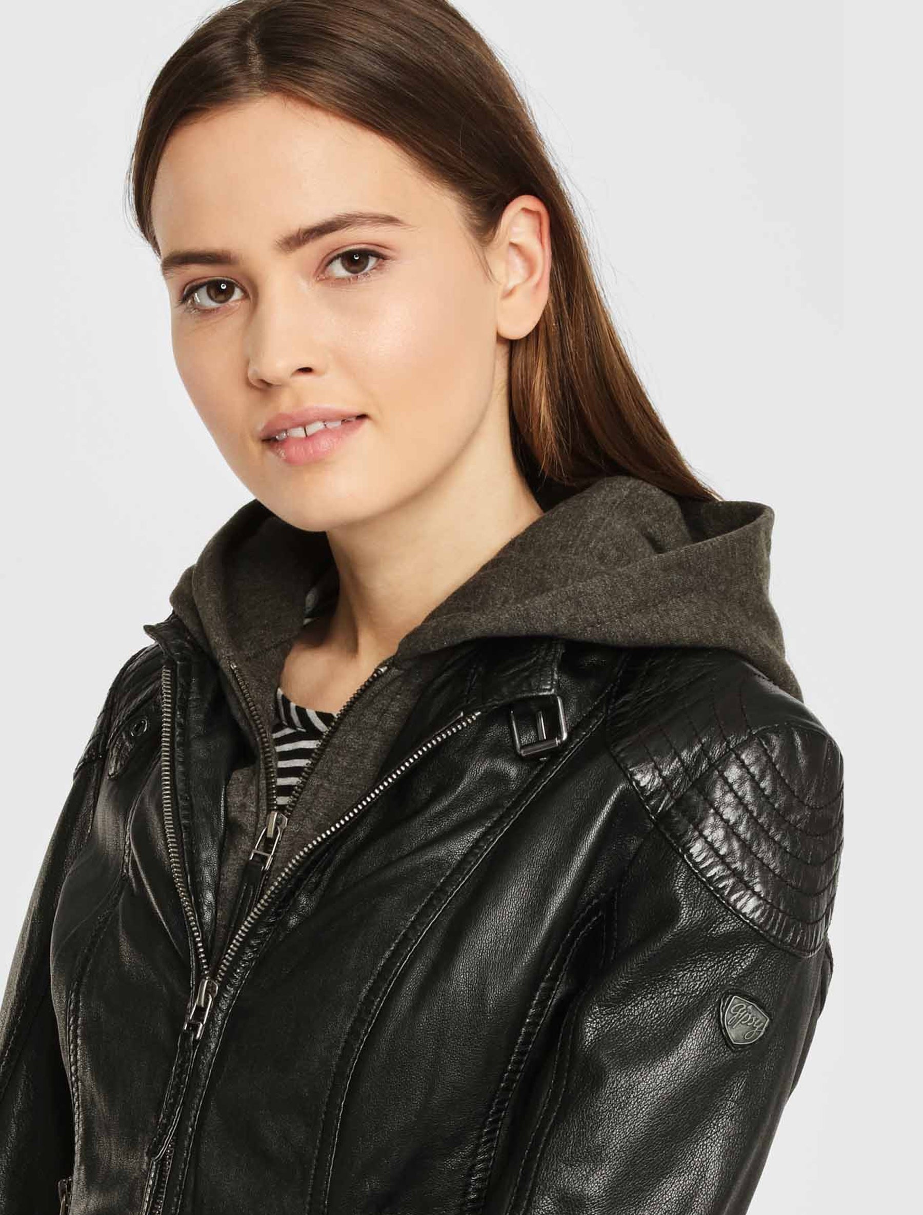 Damen Leder Bikerjacke mit abnehmbarer Kapuze - Gipsy Cacey in schwarz