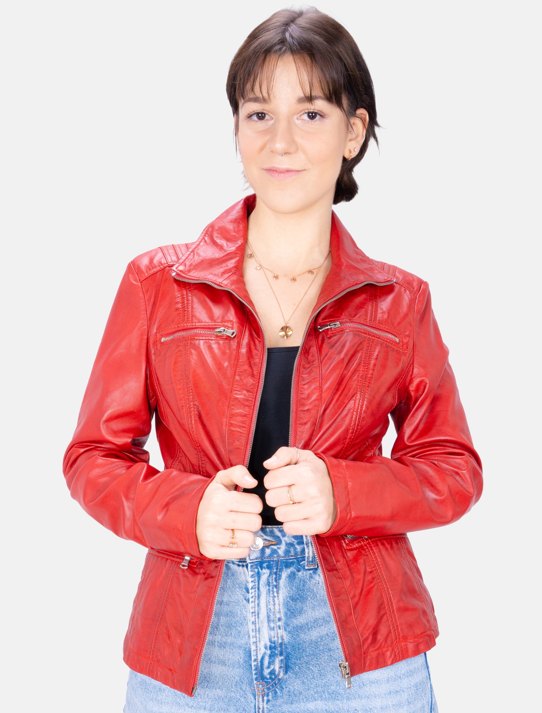 Sportlich klassische Damen Lederjacke - Clara in rot