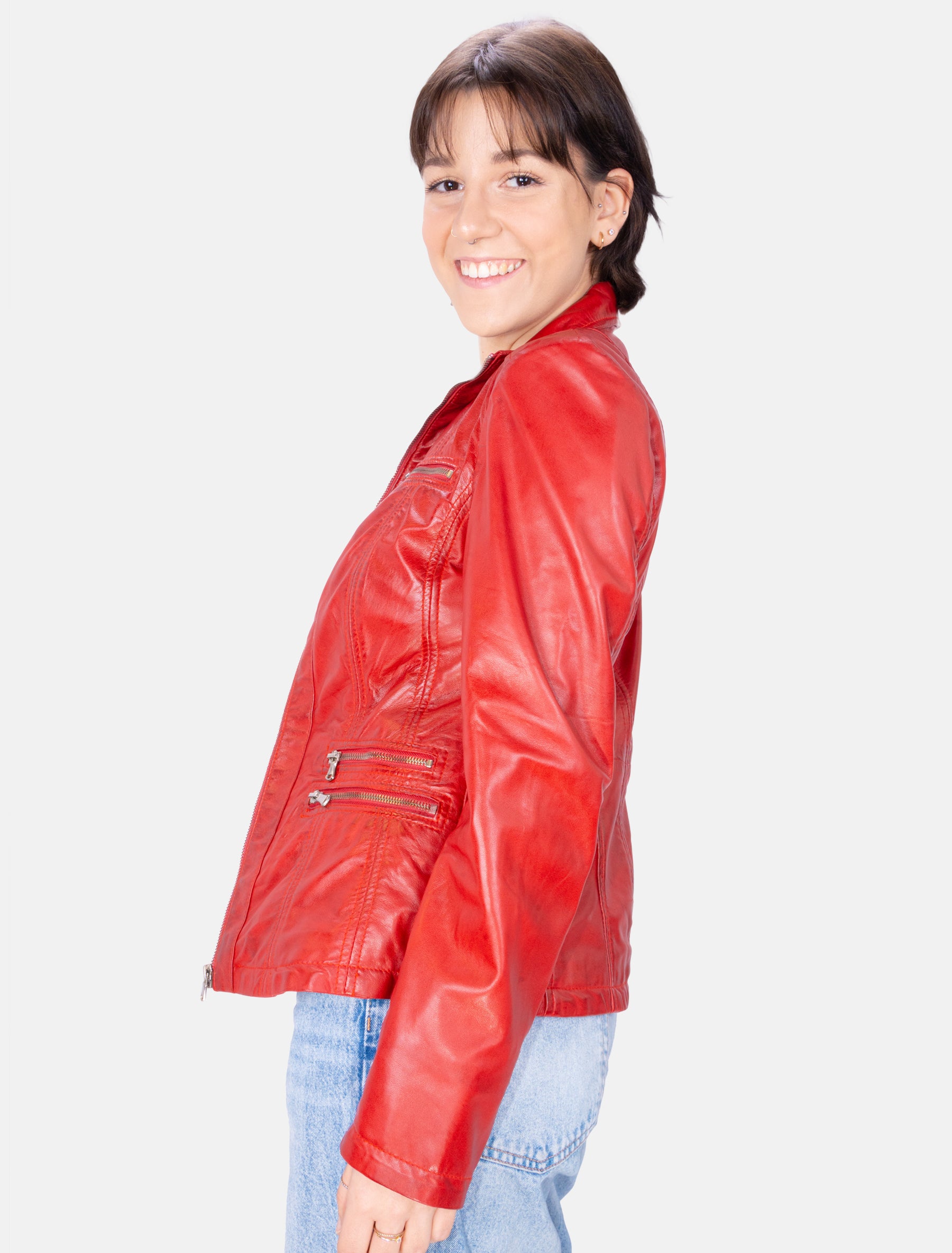 Sportlich klassische Damen Lederjacke - Clara in rot