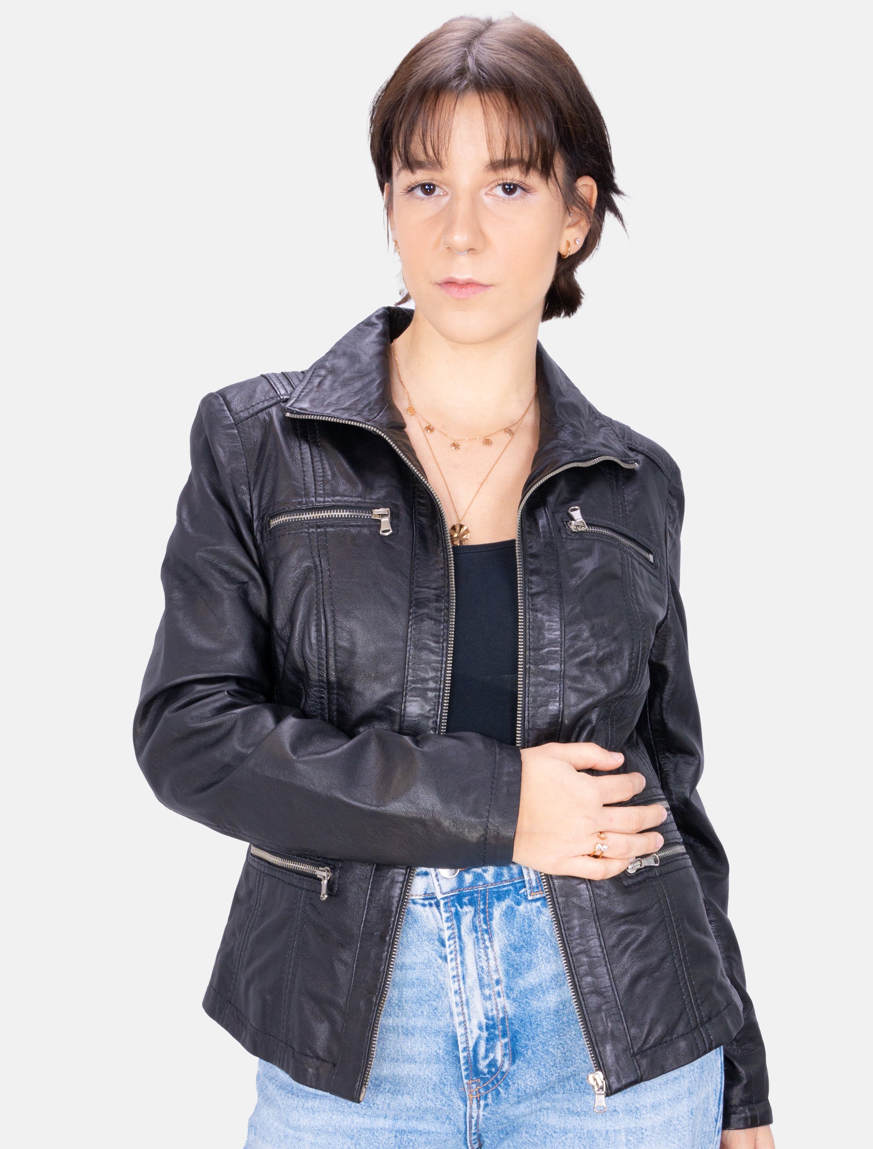 Sportlich klassische Damen Lederjacke - Clara in schwarz