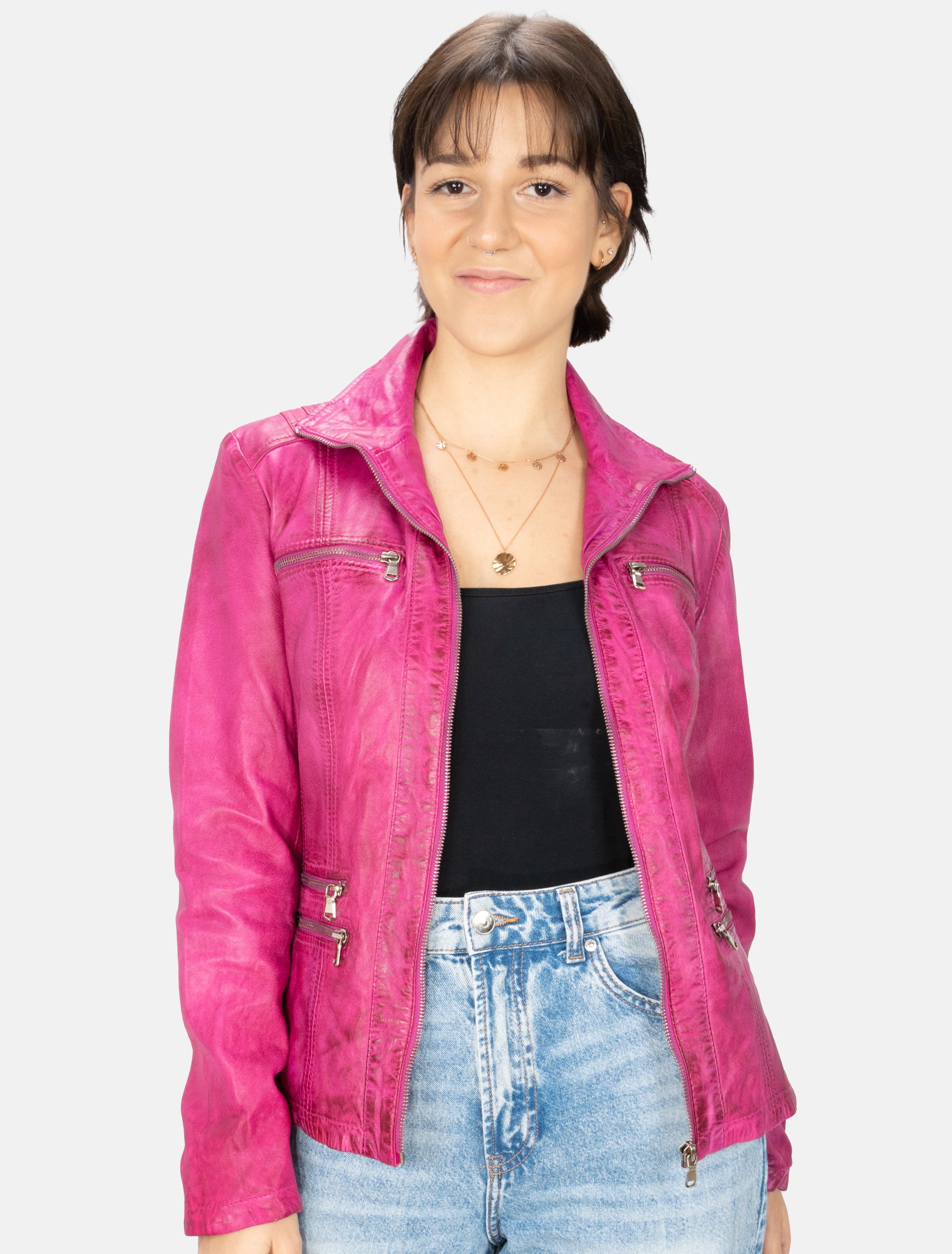Sportlich klassische Damen Lederjacke - Clara in shocking pink