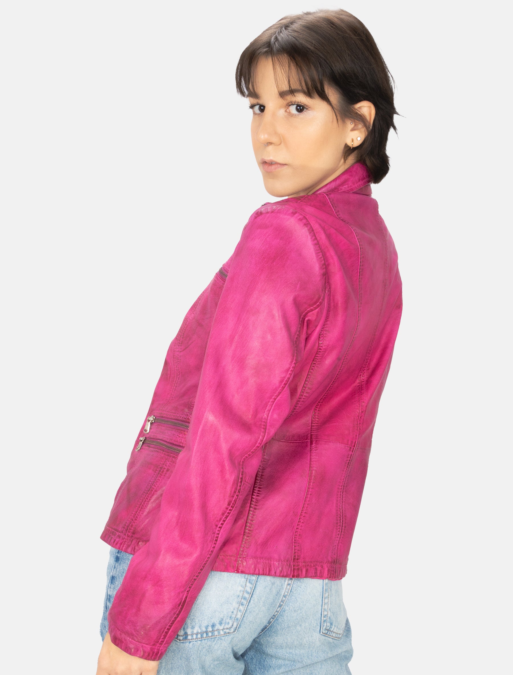 Sportlich klassische Damen Lederjacke - Clara in shocking pink