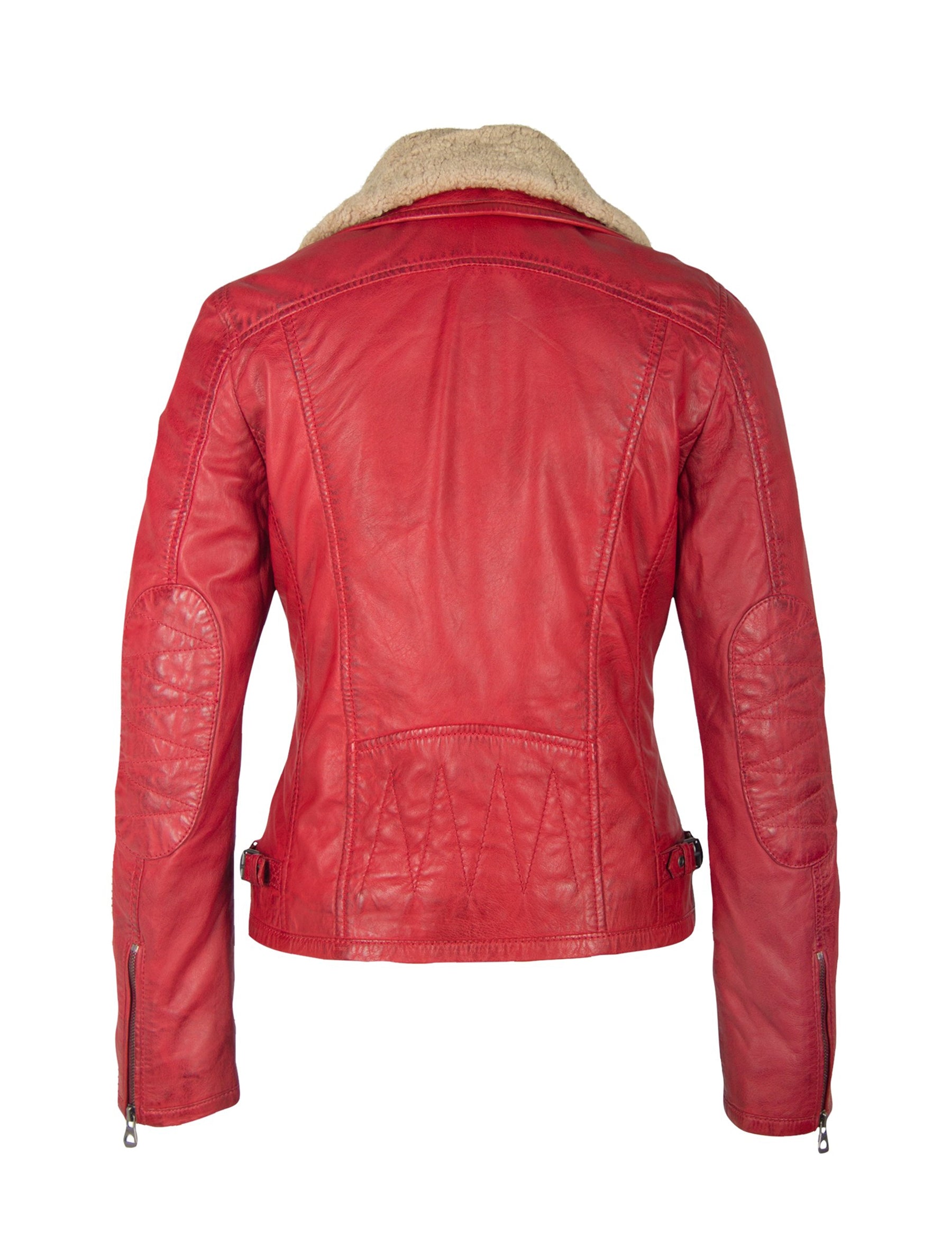 Damen Bikerjacke mit abnehmbarem Fellkragen und Patches - Dhara in rot