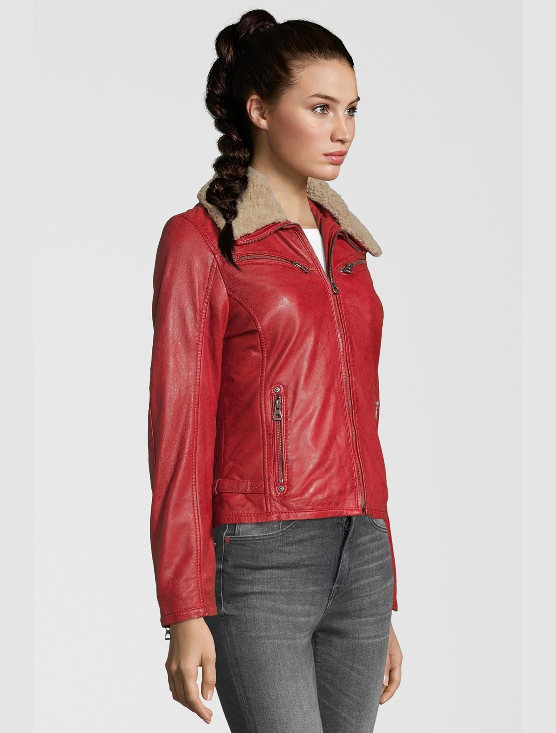 Damen Bikerjacke mit abnehmbarem Fellkragen und Patches - Dhara in rot