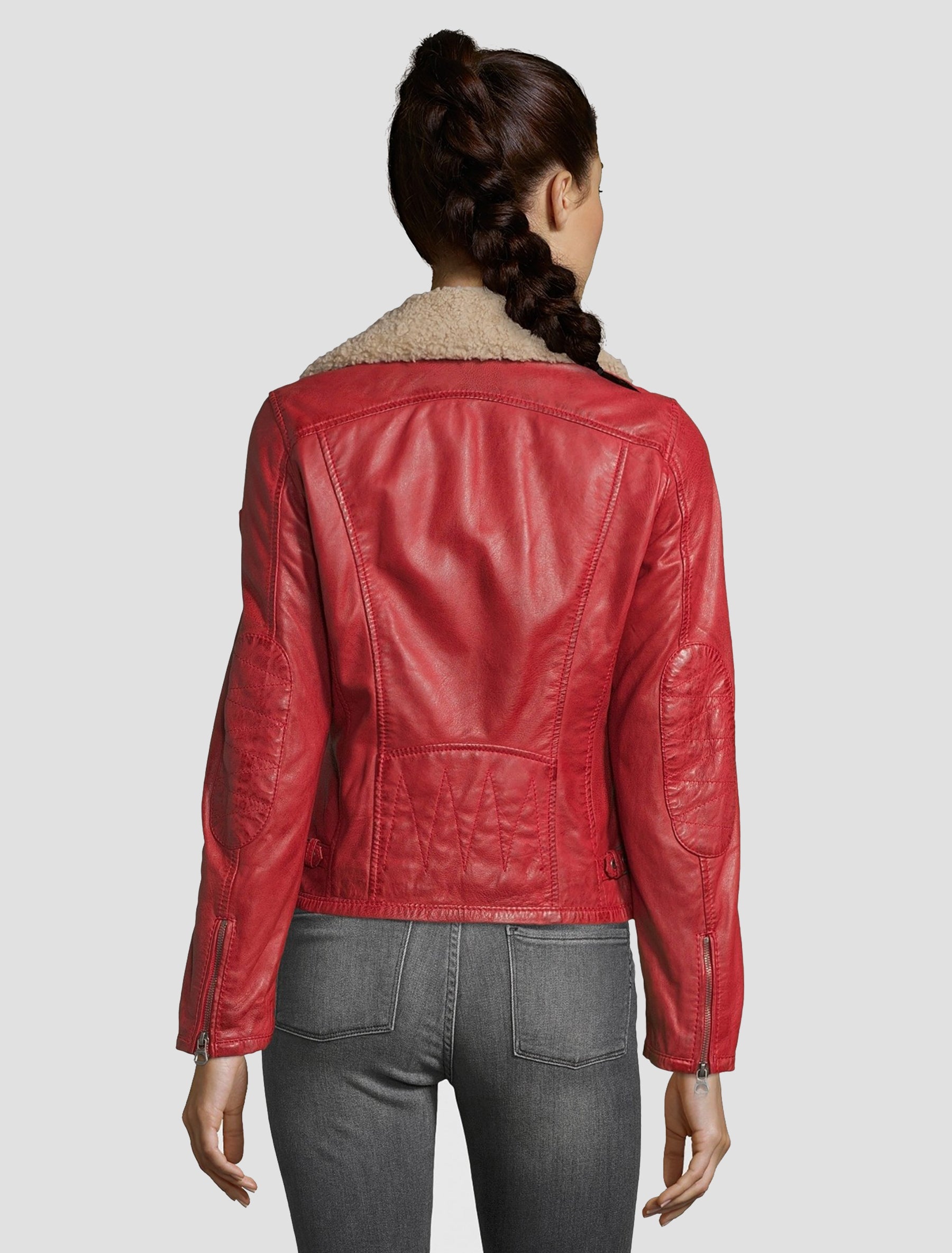 Damen Bikerjacke mit abnehmbarem Fellkragen und Patches - Dhara in rot