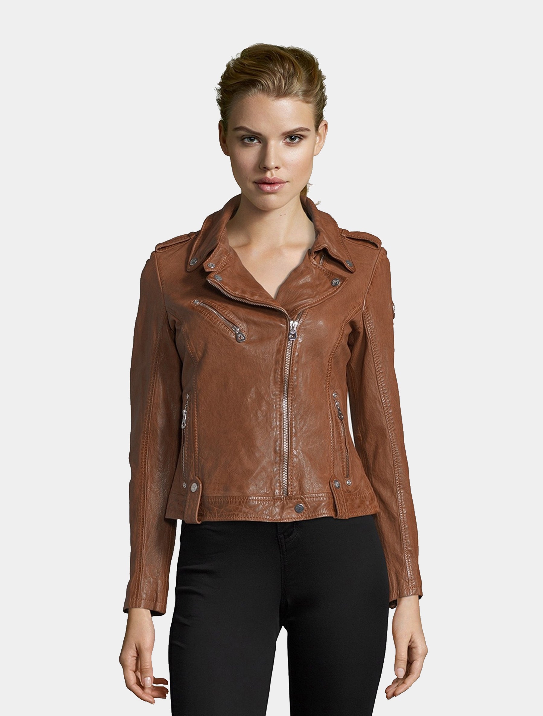 Damen Biker Lederjacke mit schräger Brusttasche - Famos LAOSV in cognac