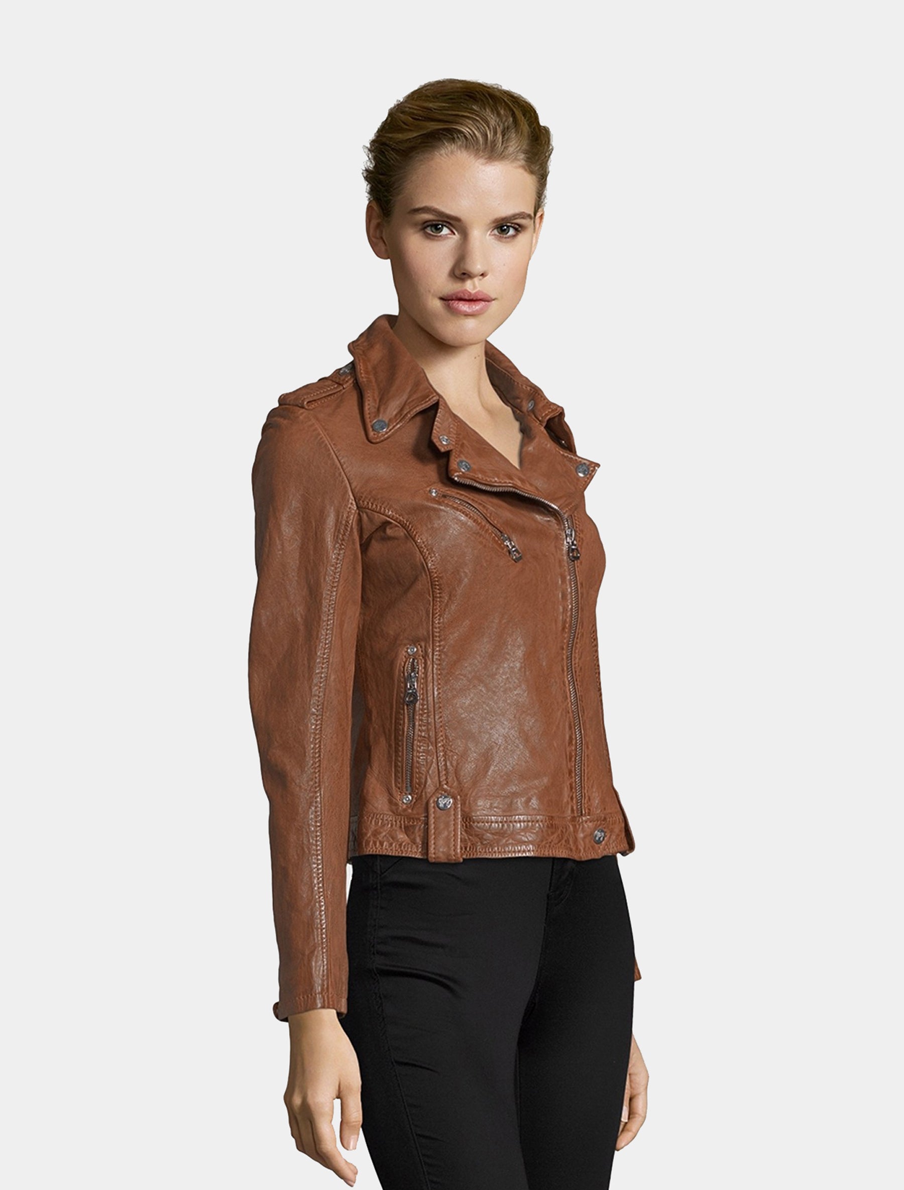 Damen Biker Lederjacke mit schräger Brusttasche - Famos LAOSV in cognac