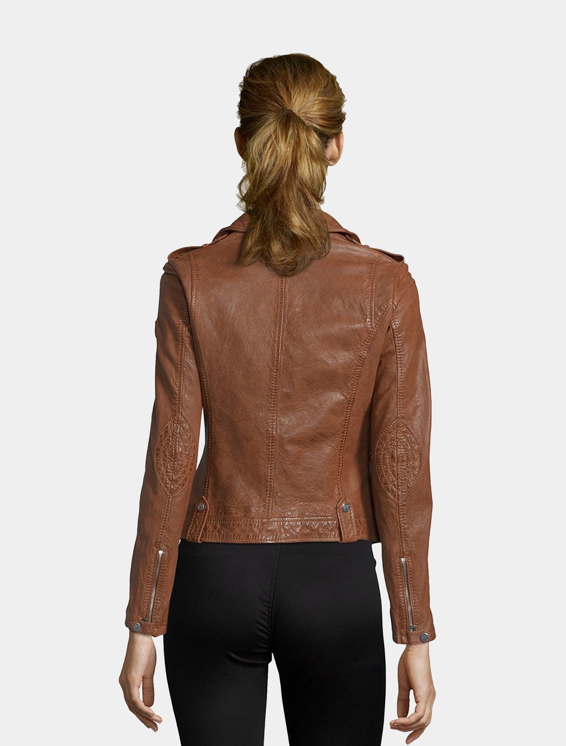 Damen Biker Lederjacke mit schräger Brusttasche - Famos LAOSV in cognac