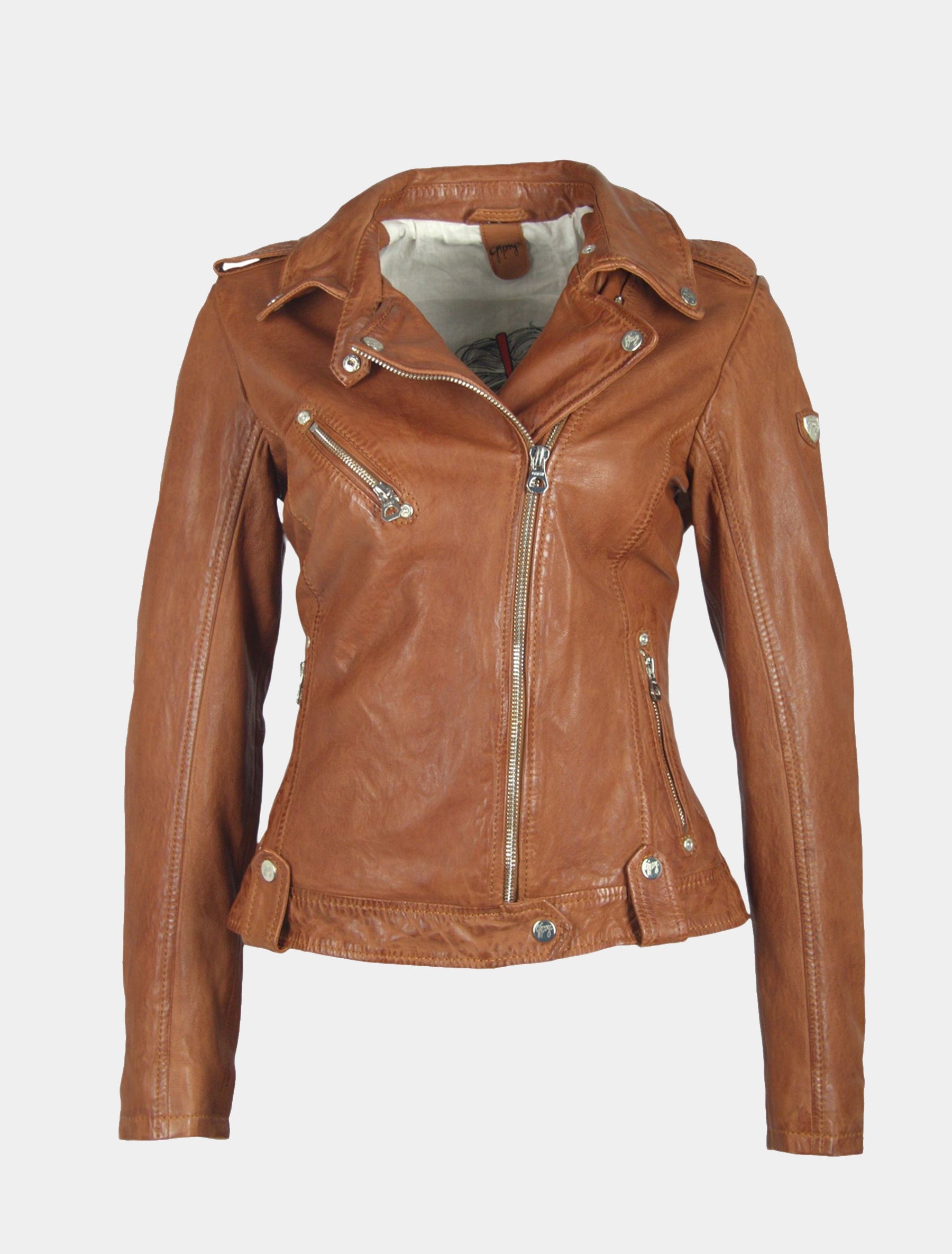 Damen Biker Lederjacke mit schräger Brusttasche - Famos LAOSV in cognac