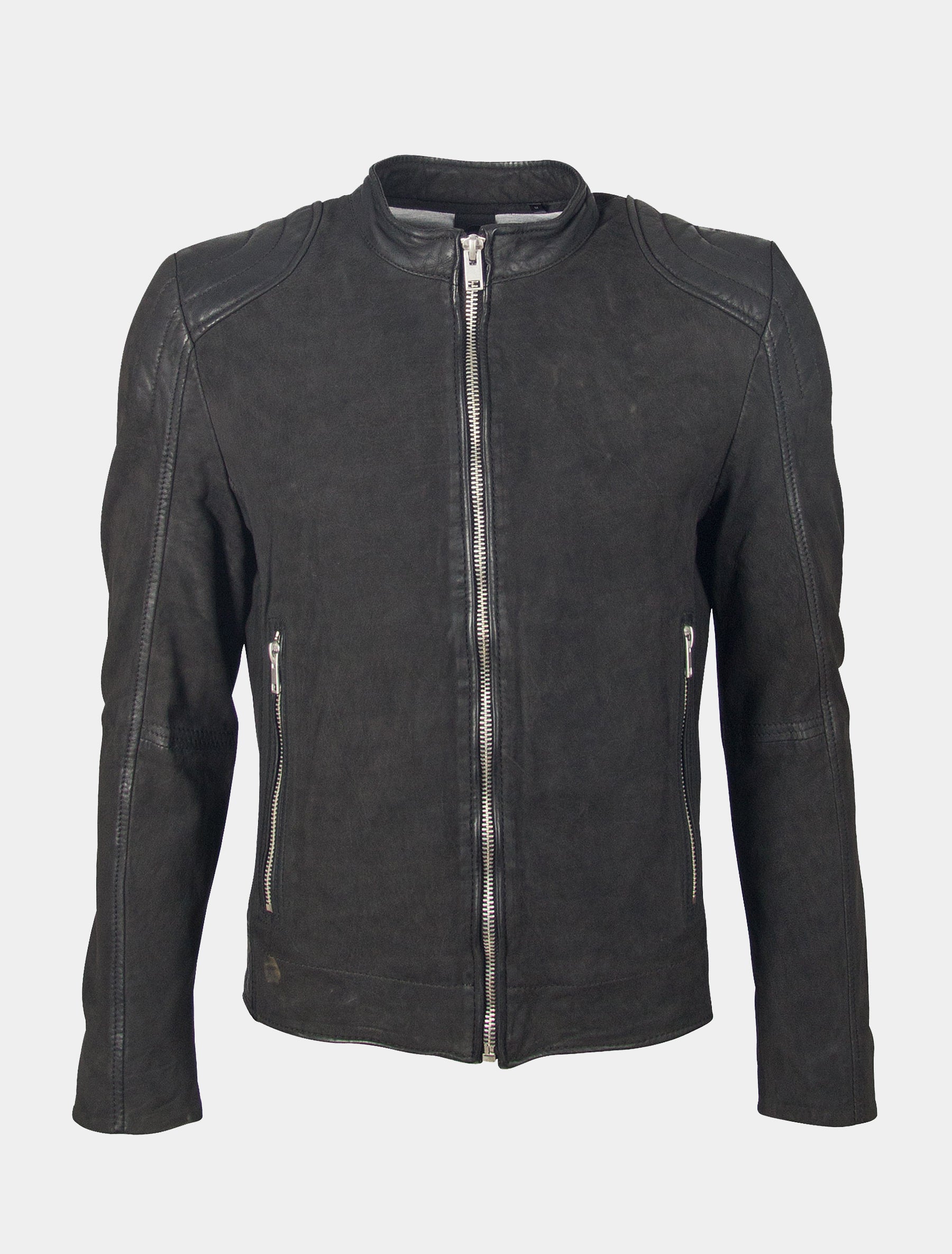 Herren Biker Lederjacke (Rauleder, Nubuk Stil) mit Stehkragen - G2BKryn SF LCOUNTV in schwarz