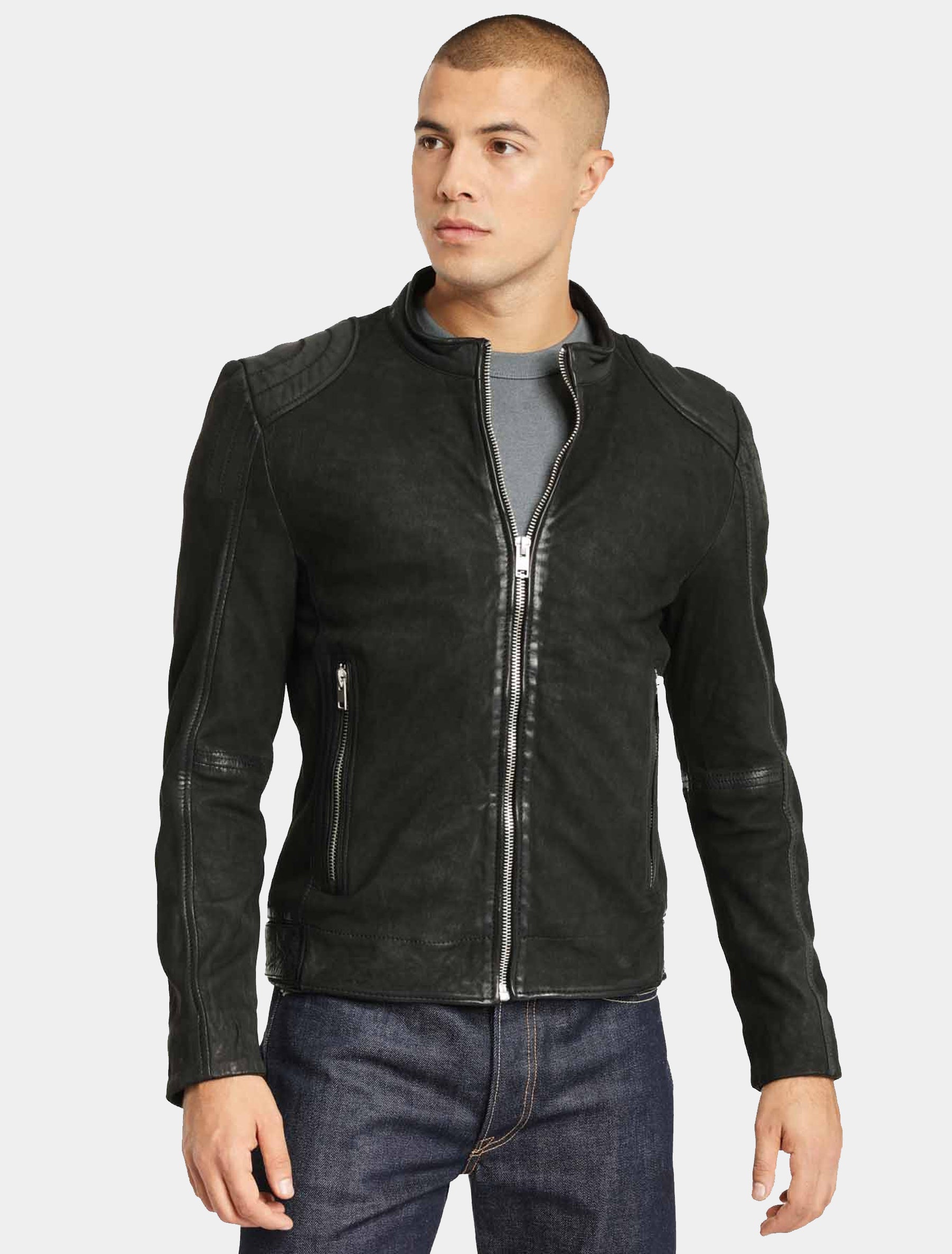 Herren Biker Lederjacke (Rauleder, Nubuk Stil) mit Stehkragen - G2BKryn SF LCOUNTV in schwarz