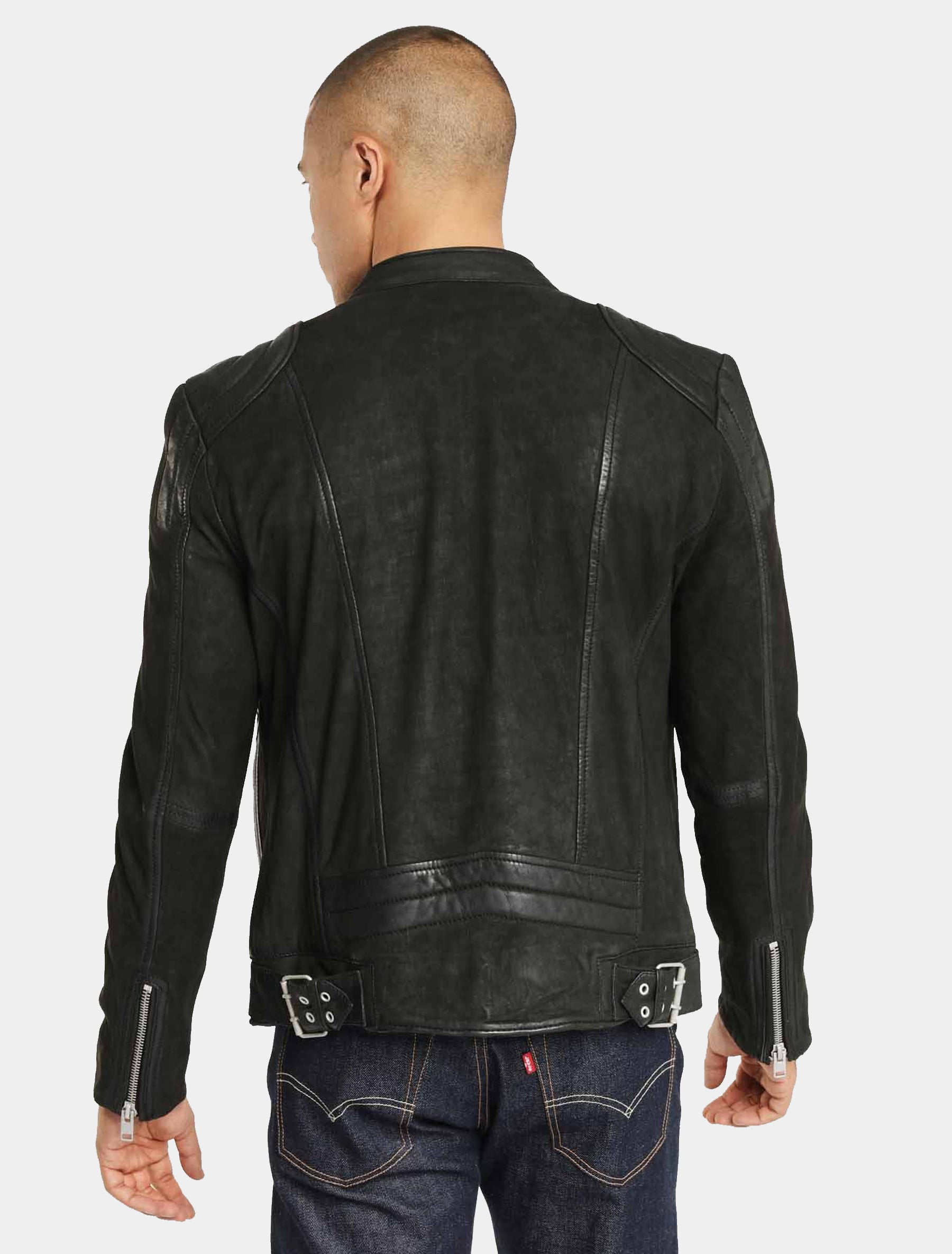 Herren Biker Lederjacke (Rauleder, Nubuk Stil) mit Stehkragen - G2BKryn SF LCOUNTV in schwarz