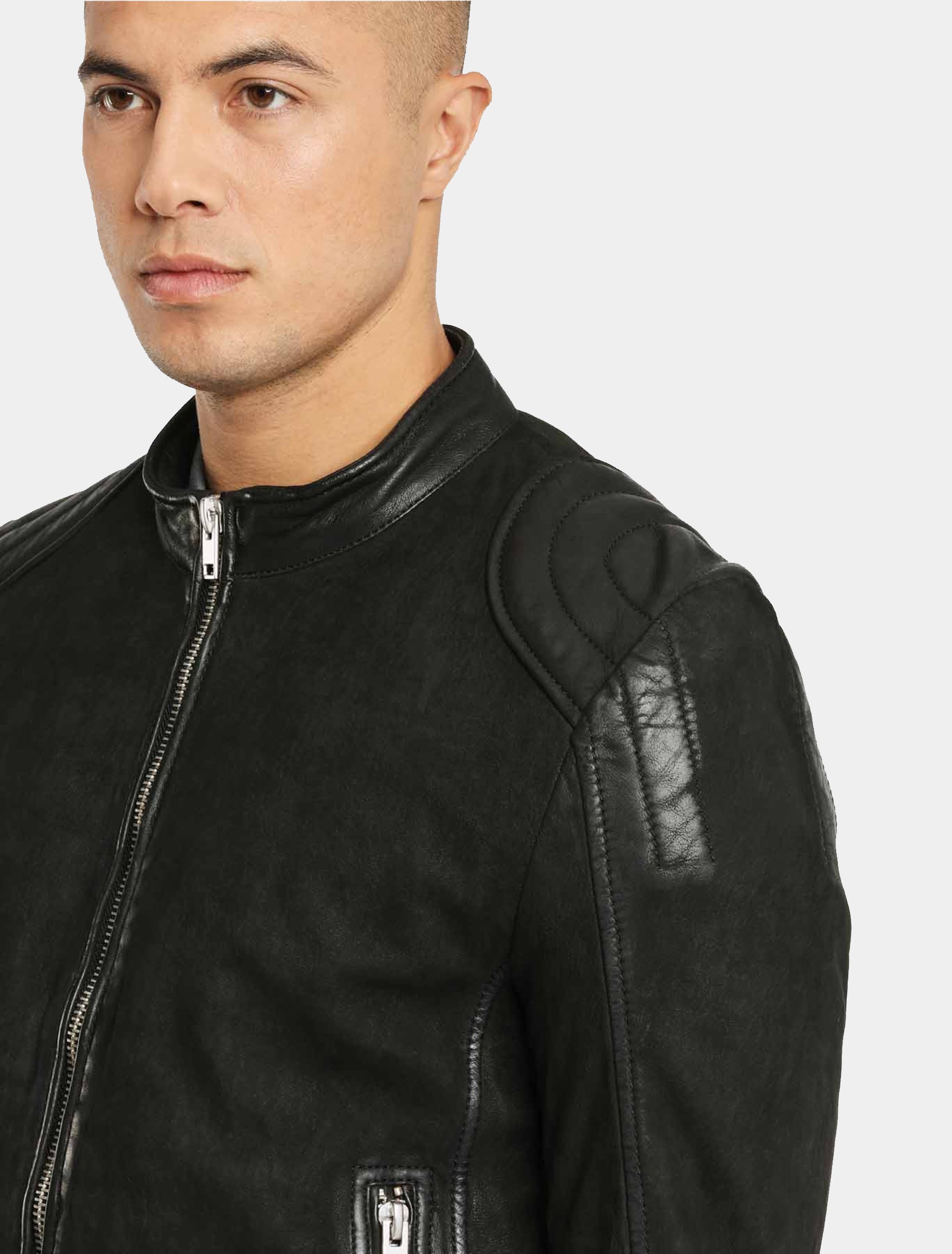 Herren Biker Lederjacke (Rauleder, Nubuk Stil) mit Stehkragen - G2BKryn SF LCOUNTV in schwarz