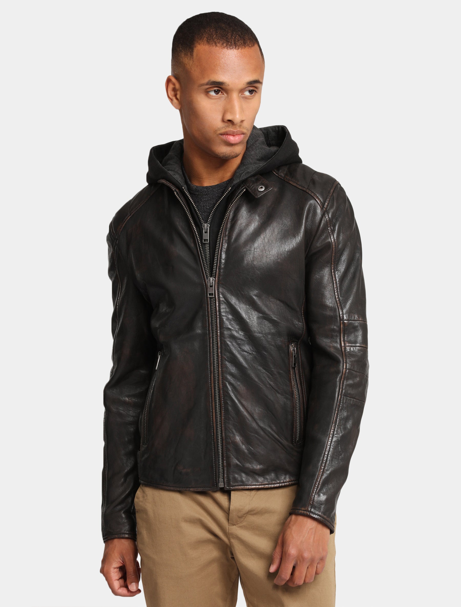 Herren Biker Lederjacke mit abnehmbarer Jersey Kapuze - G2BLews SF LARETV in black brown