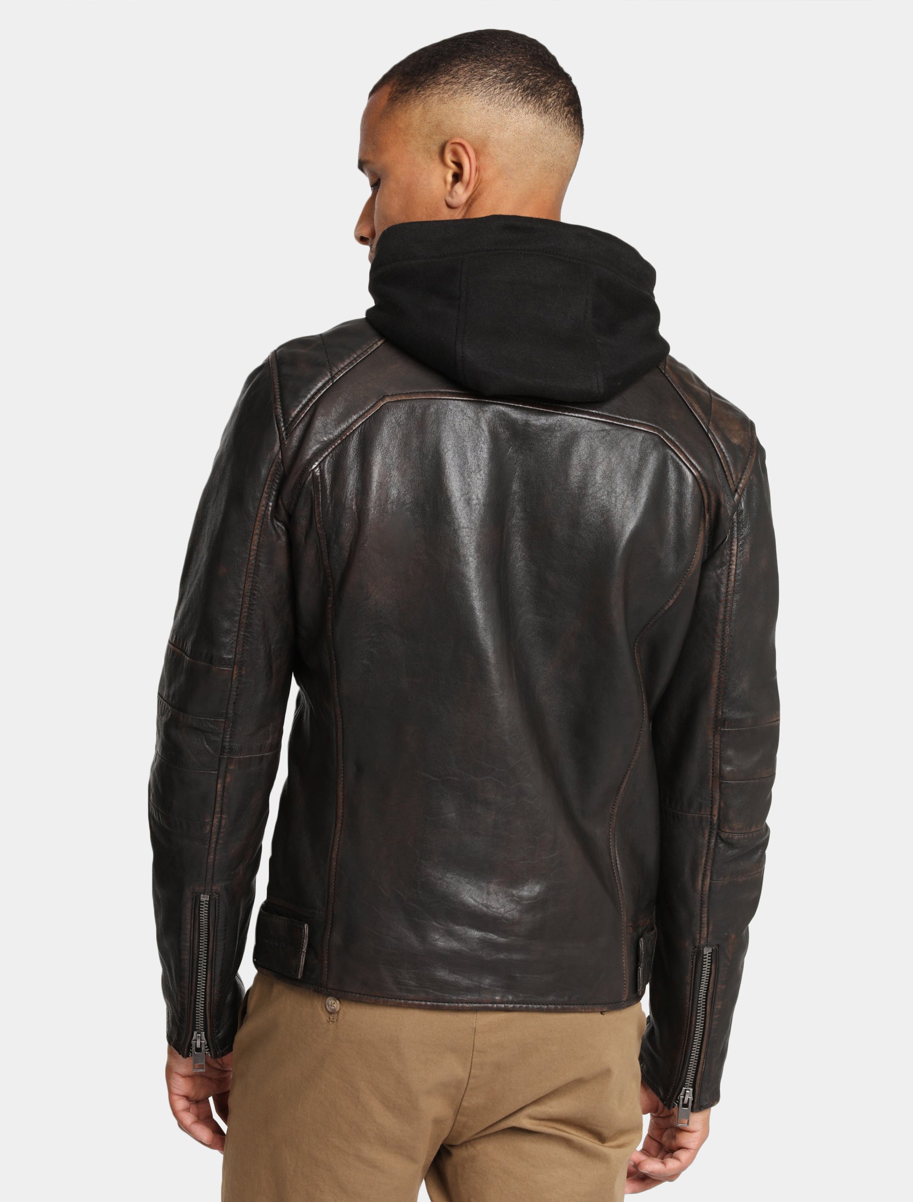 Herren Biker Lederjacke mit abnehmbarer Jersey Kapuze - G2BLews SF LARETV in black brown
