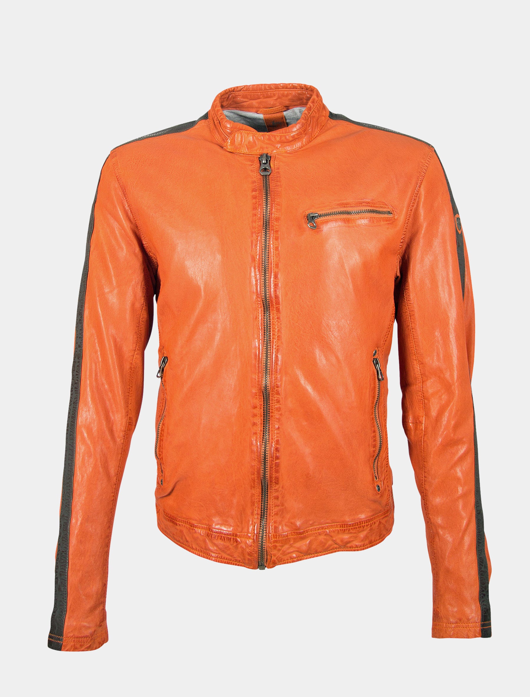 Kurze Herren Racer Lederjacke mit Kontrastfarbe Streifen an Armen - GBFlori LAROV in orange