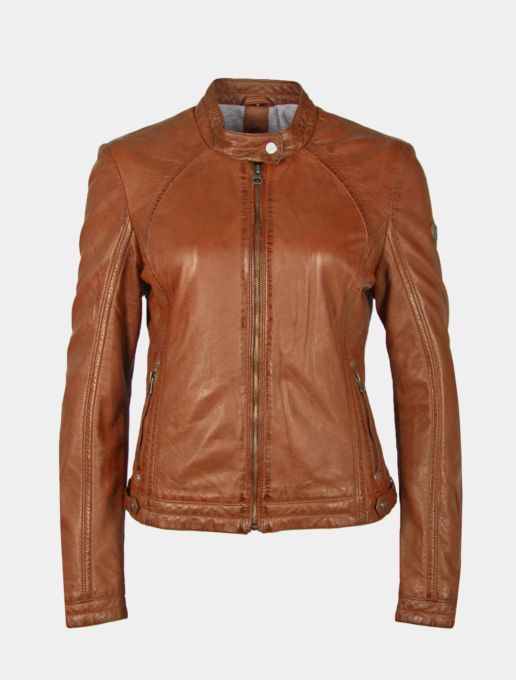 Kurze Damen Lederjacke im klassischen Biker Stil mit Stehkragen - GGJany LAMAS in cognac