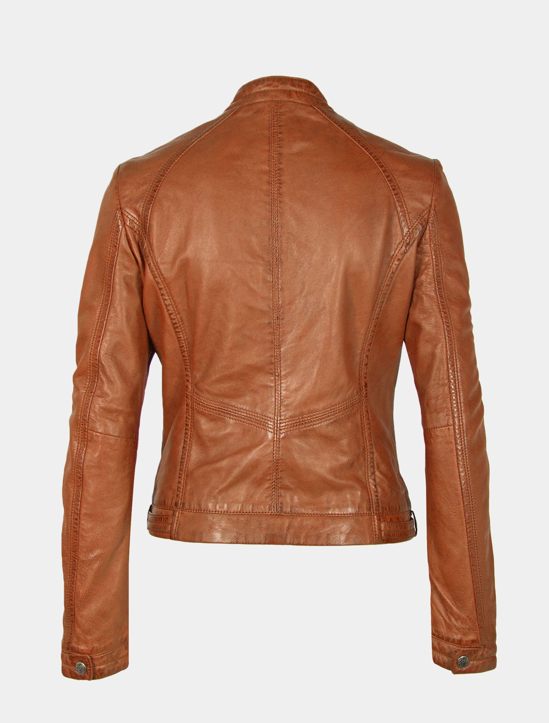 Kurze Damen Lederjacke im klassischen Biker Stil mit Stehkragen - GGJany LAMAS in cognac