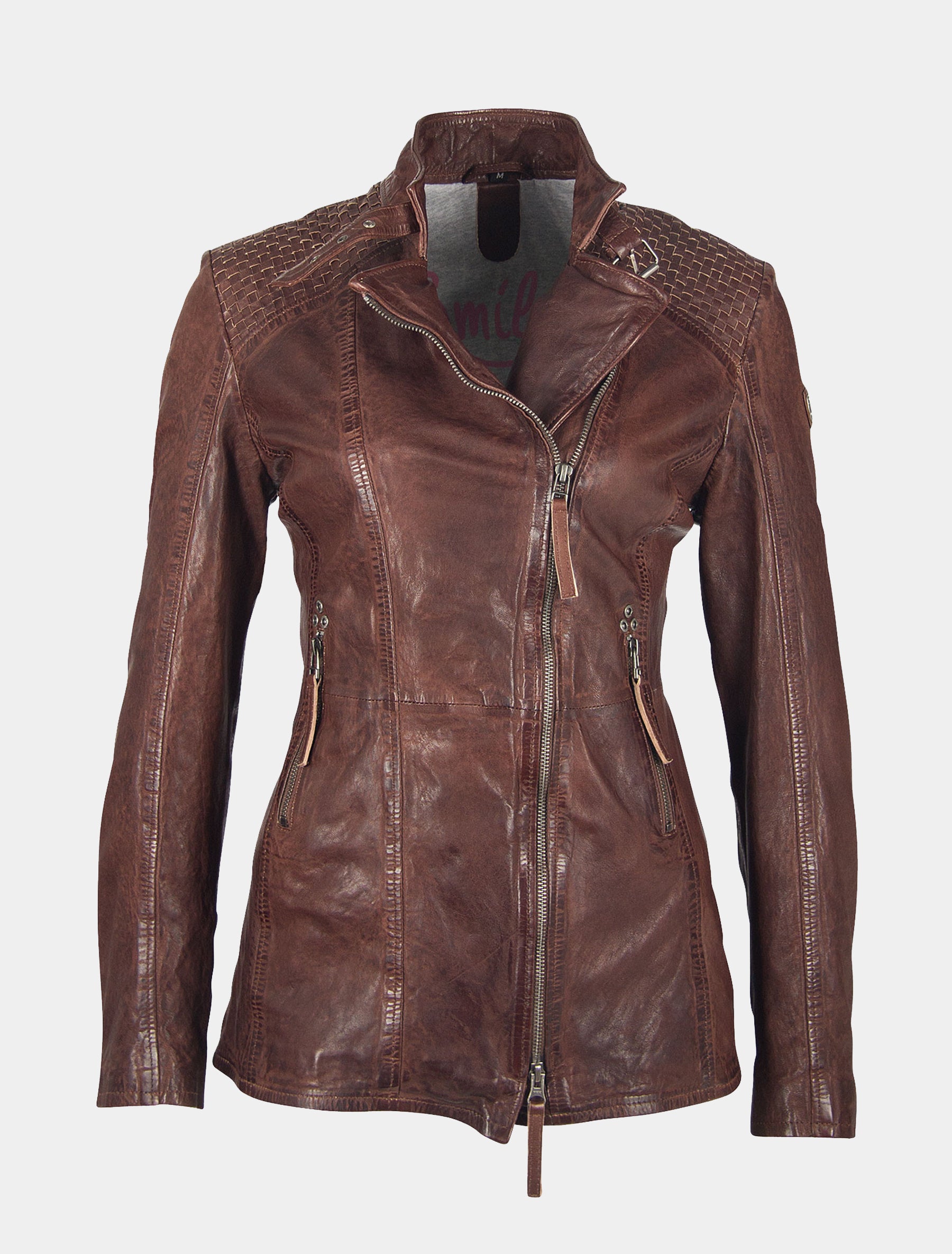 Damen lange Lederjacke mit geflochtenen Lederstreifen im Used Look - GGSaija LLAV in braun