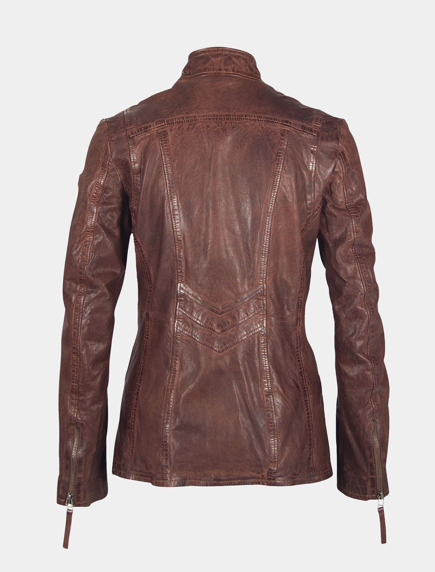 Damen lange Lederjacke mit geflochtenen Lederstreifen im Used Look - GGSaija LLAV in braun