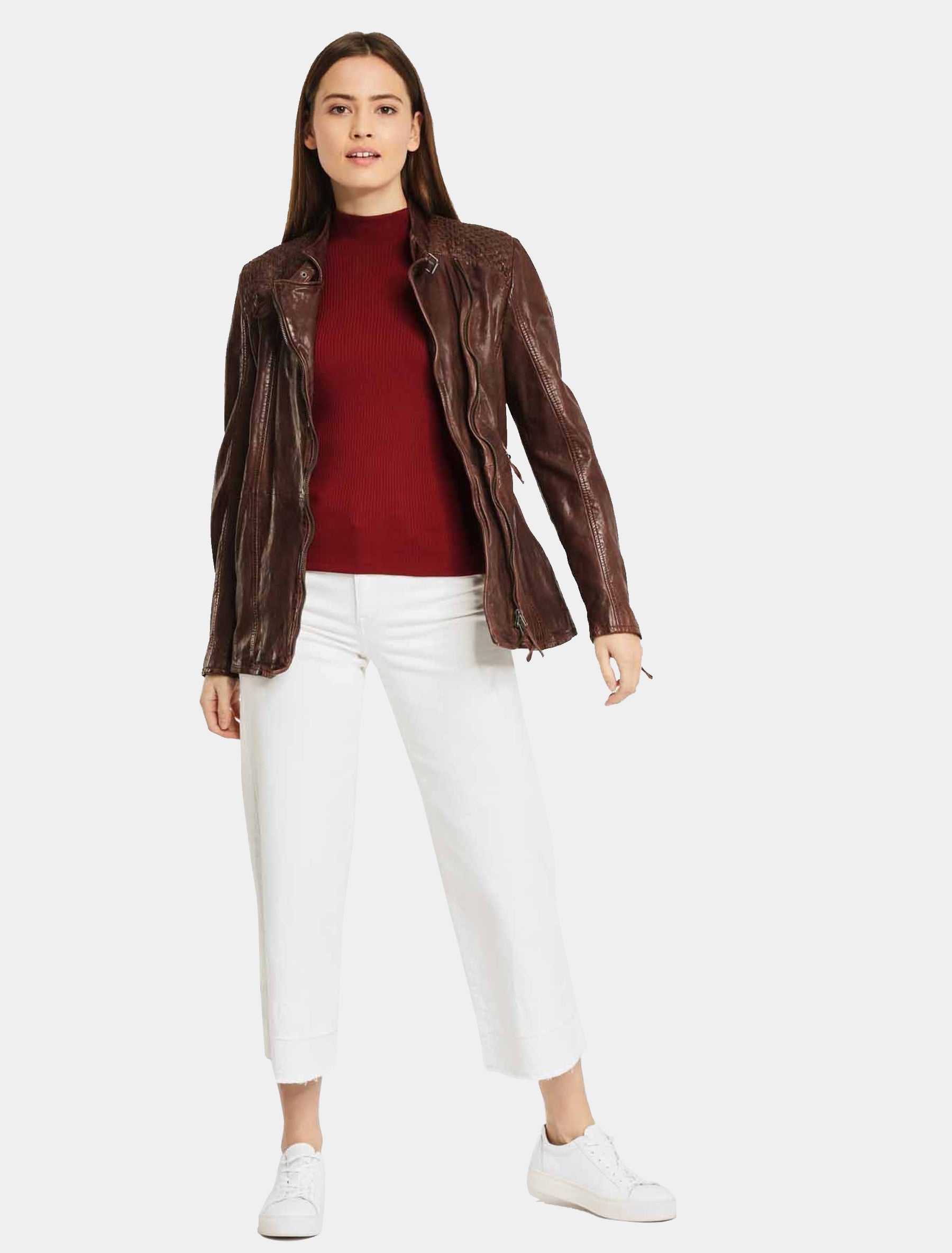 Damen lange Lederjacke mit geflochtenen Lederstreifen im Used Look - GGSaija LLAV in braun