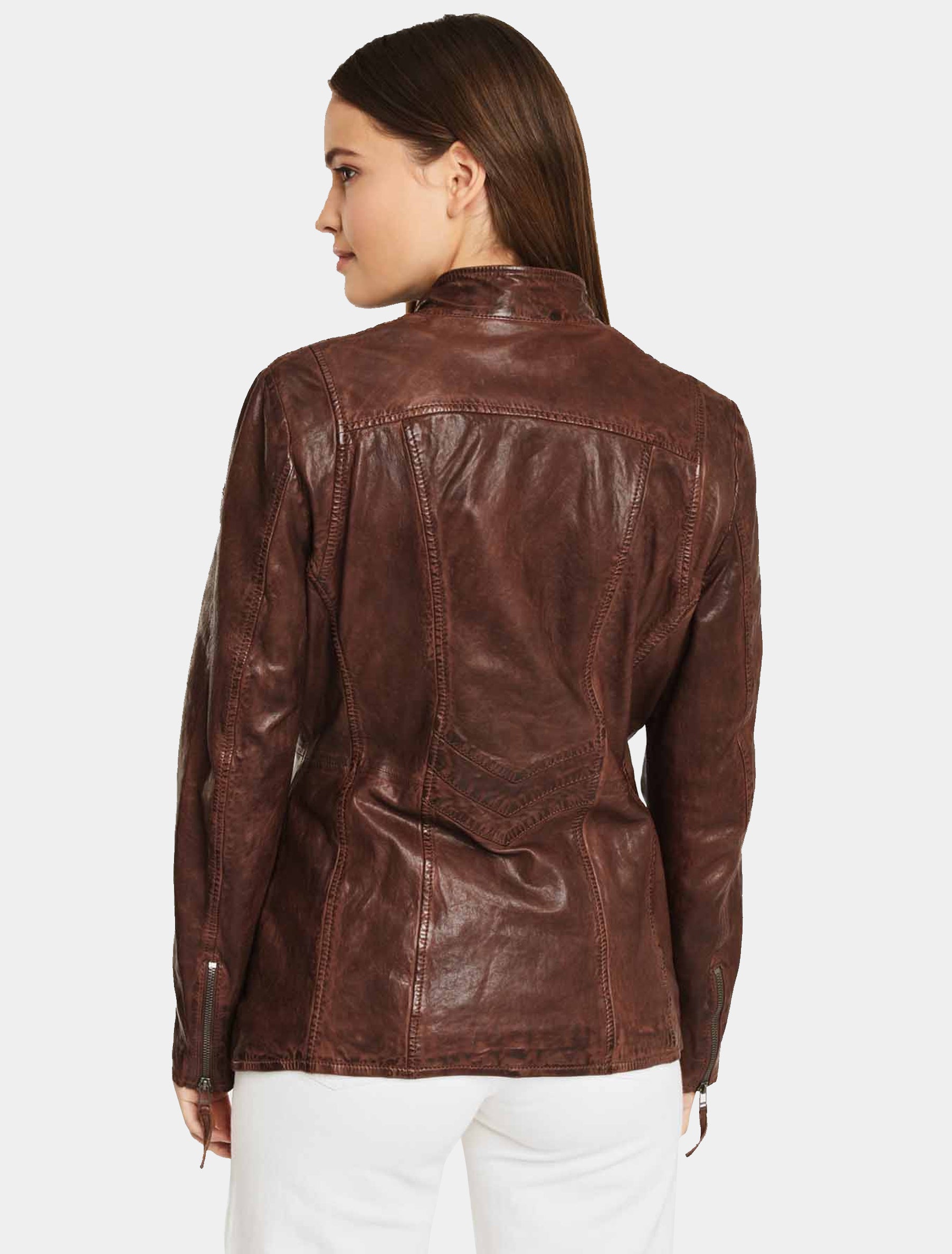 Damen lange Lederjacke mit geflochtenen Lederstreifen im Used Look - GGSaija LLAV in braun