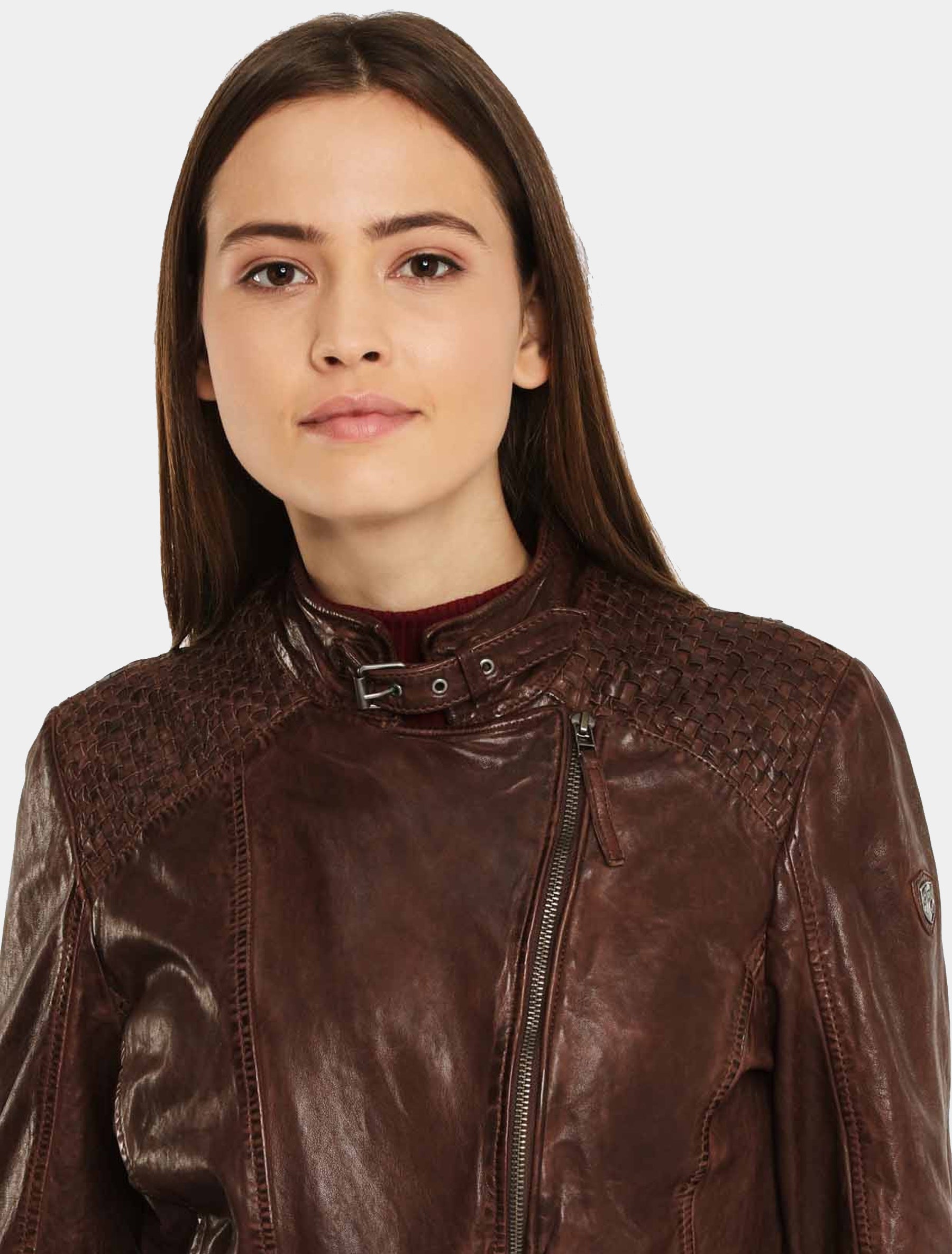 Damen lange Lederjacke mit geflochtenen Lederstreifen im Used Look - GGSaija LLAV in braun