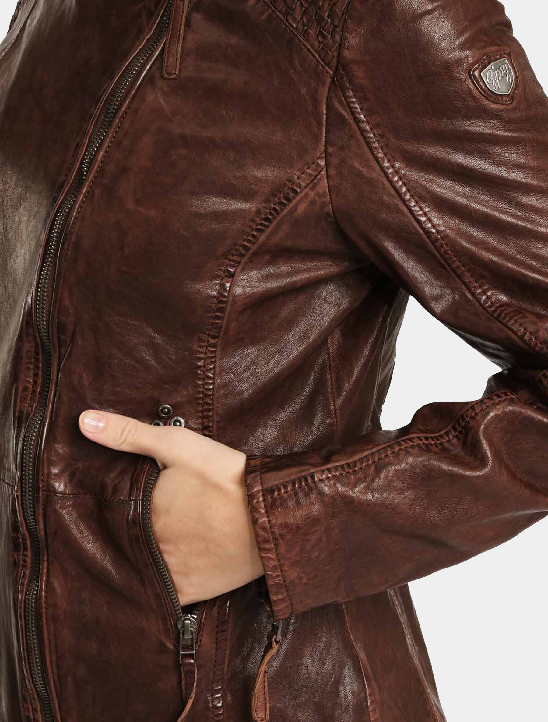 Damen lange Lederjacke mit geflochtenen Lederstreifen im Used Look - GGSaija LLAV in braun