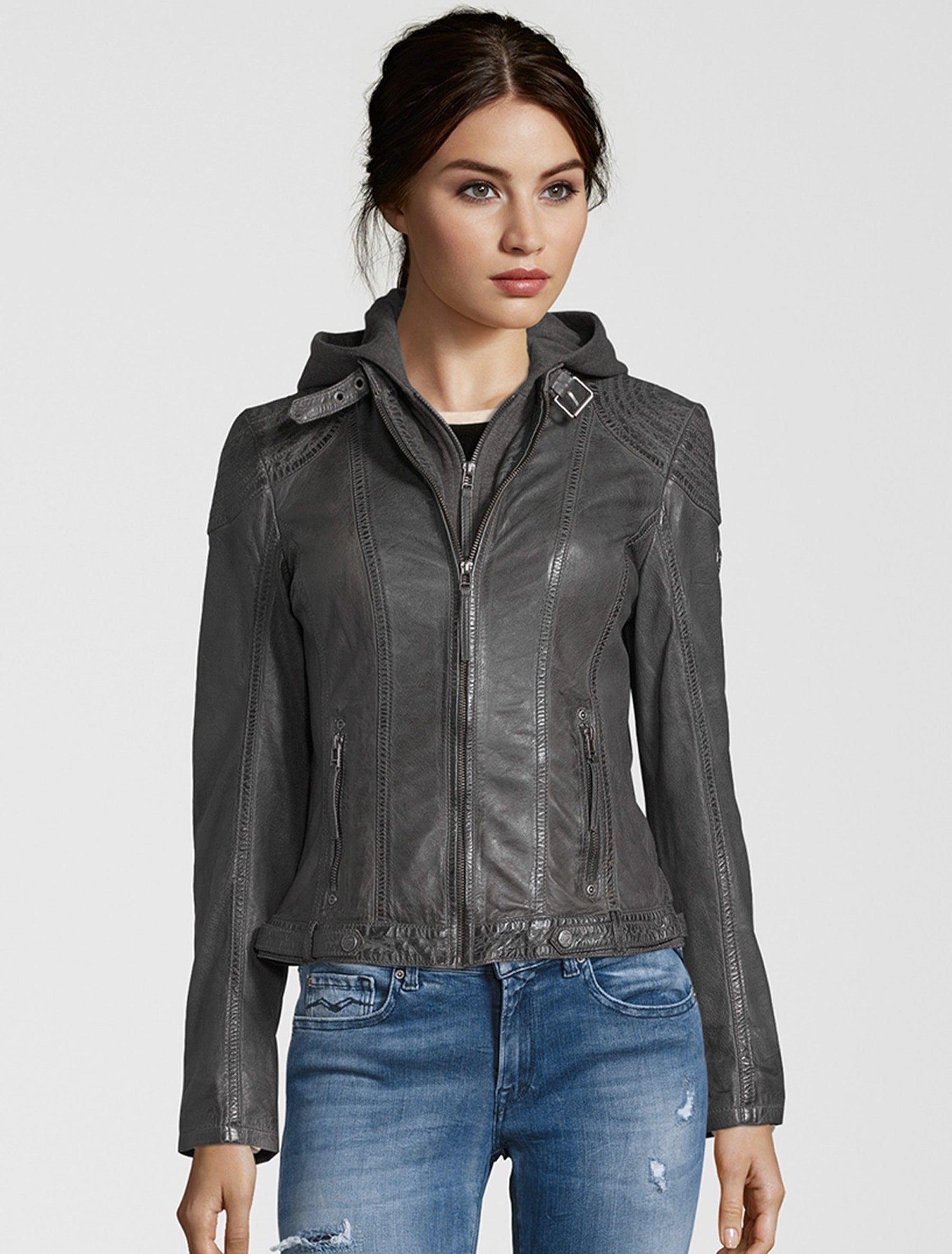 Damen Leder Bikerjacke mit abnehmbarer Kapuze - Gipsy Cacey in anthrazit