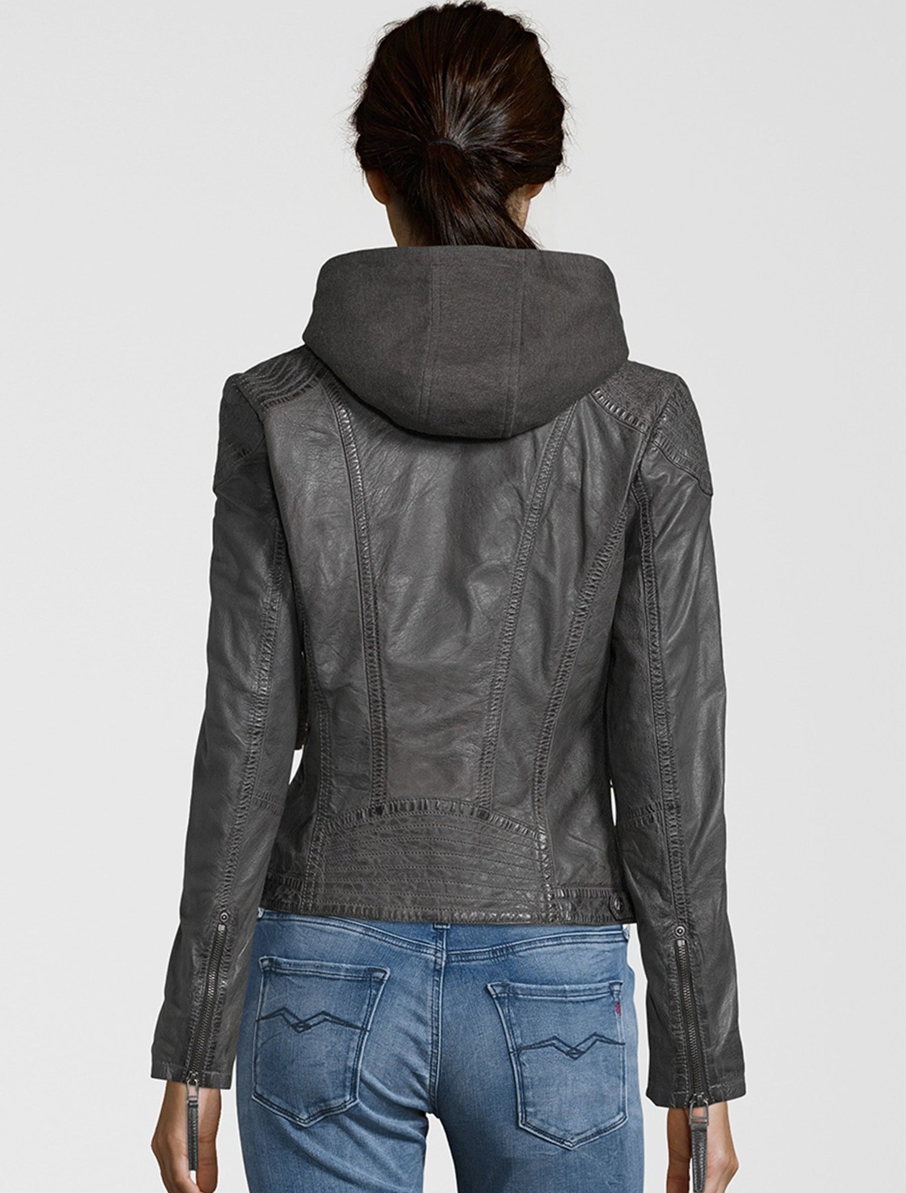 Damen Leder Bikerjacke mit abnehmbarer Kapuze - Gipsy Cacey in anthrazit